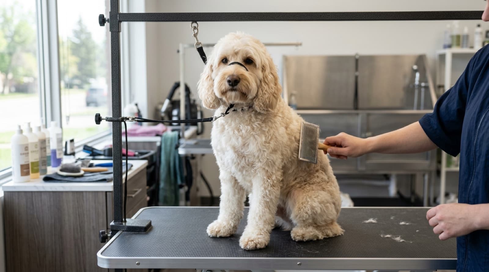 A fleece coated Cockapoo at a Calgary grooming salon during a routine clip, with the long pendulous Cocker style ear visible, illustrating the dual ear care and coat workload Cockapoo owners take on