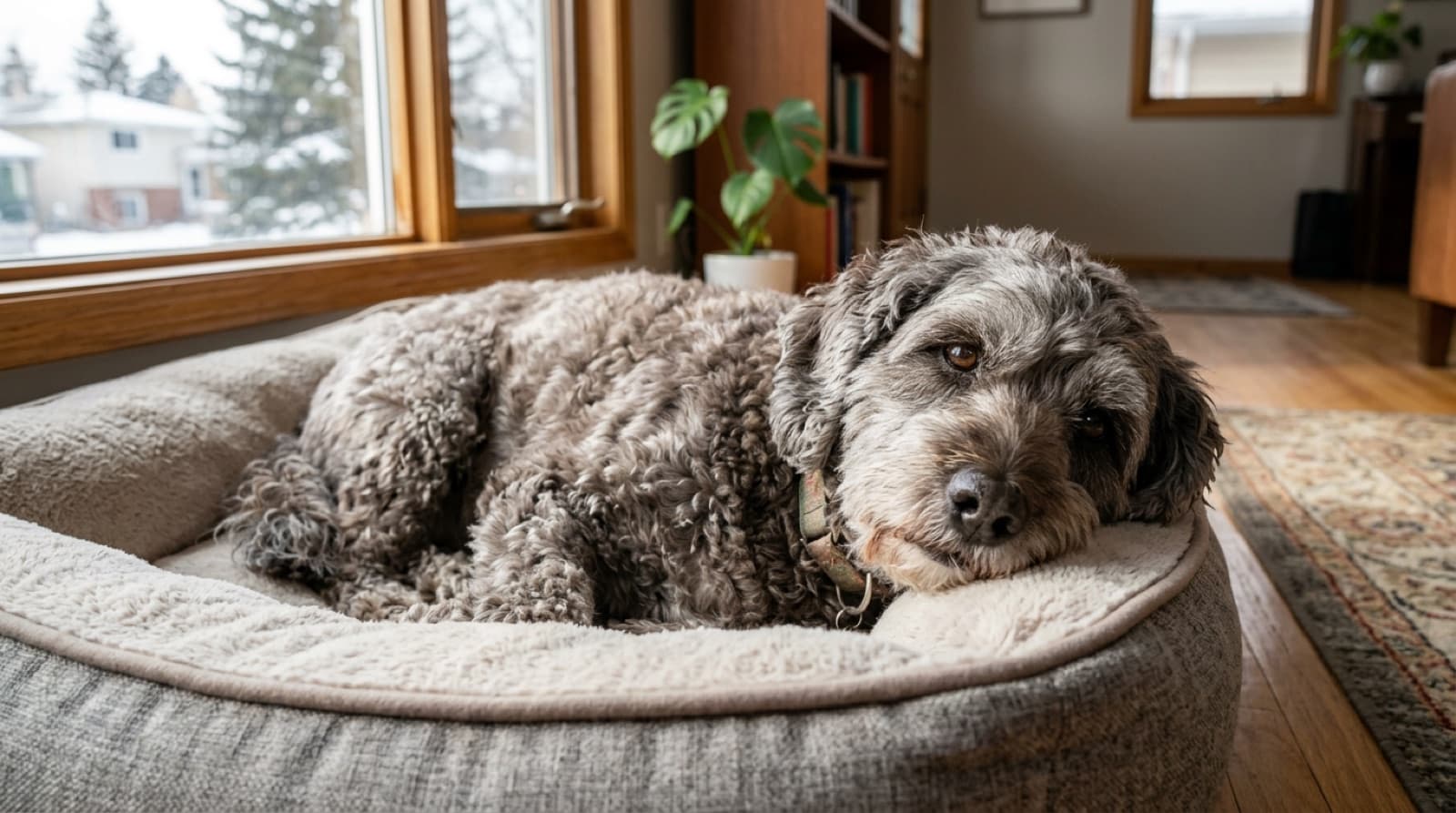 A healthy adult Cockapoo sitting calmly on an exam table at a Calgary veterinary clinic during a routine wellness exam