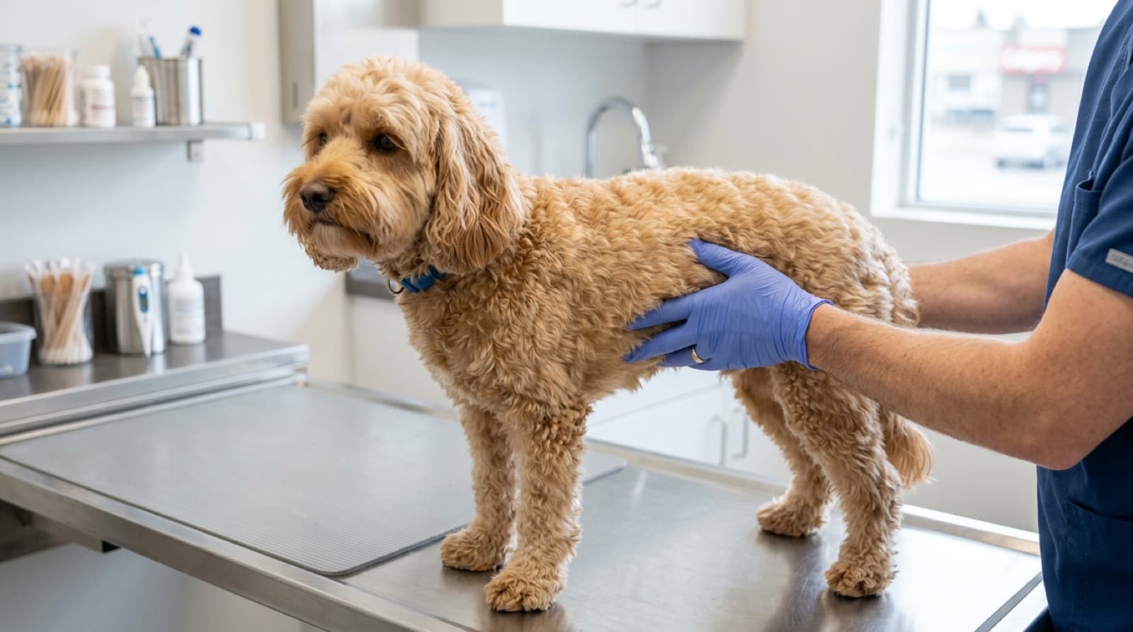 A senior Cockapoo resting on a soft bed in a Calgary home, illustrating senior care comfort needs and lifelong management