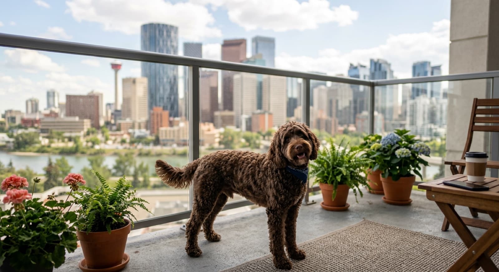 A buff-coloured wavy-coated Cockapoo sitting on a Calgary apartment balcony in summer, showing the breeds small companion frame and the floppy Cocker ears that drive the weekly ear-care commitment