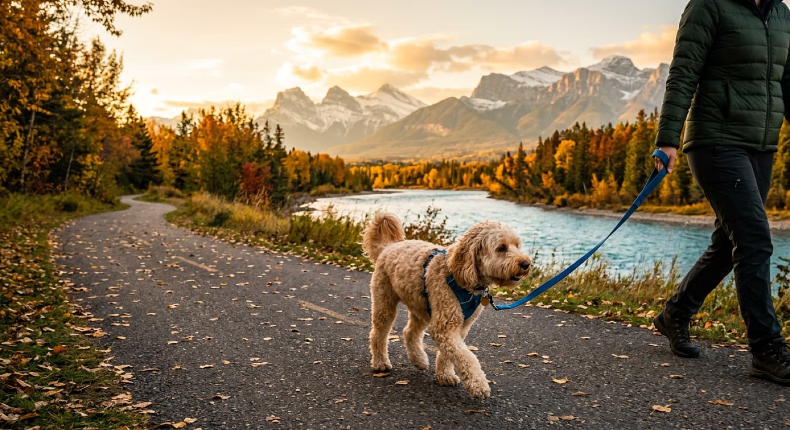 A chocolate Cockapoo on a Calgary off-leash trail in autumn, demonstrating the breeds moderate exercise level and gentle companion temperament on a daily neighbourhood walk