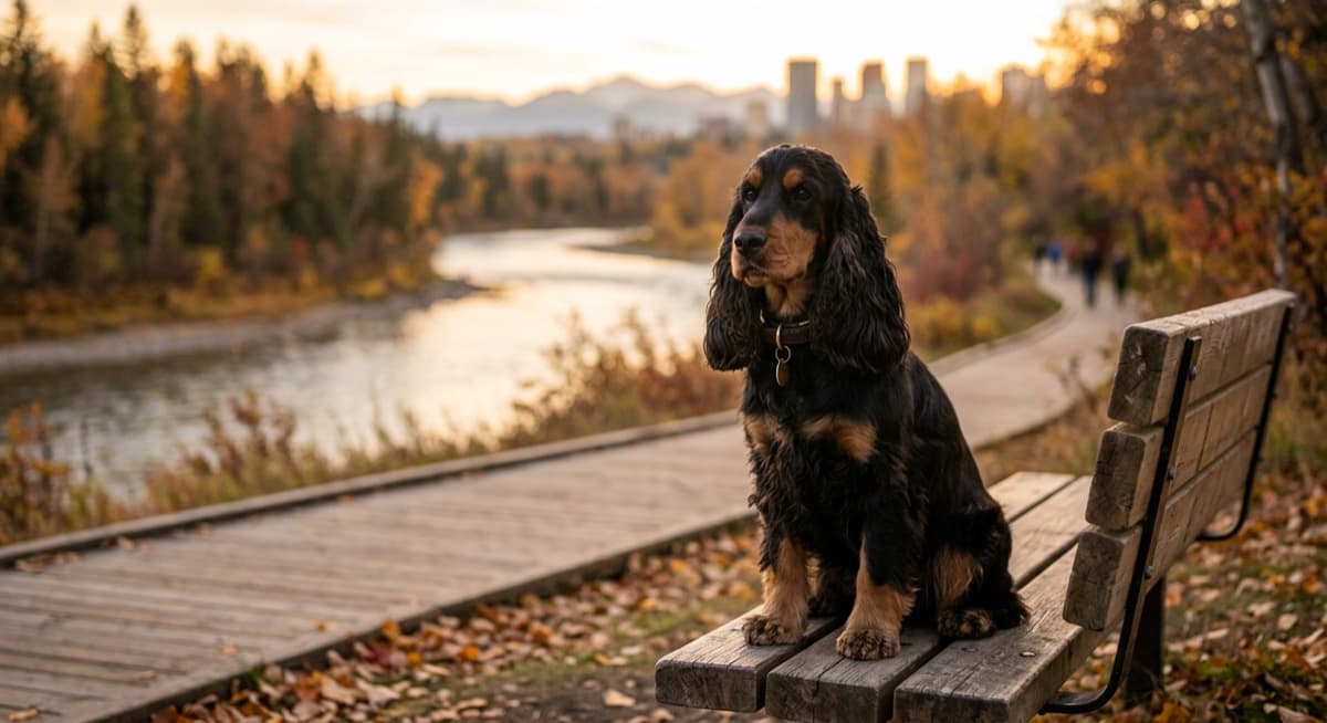 An adult Cocker Spaniel with long feathered ears sitting on grass in a Calgary park on a sunny afternoon, looking calmly toward the camera