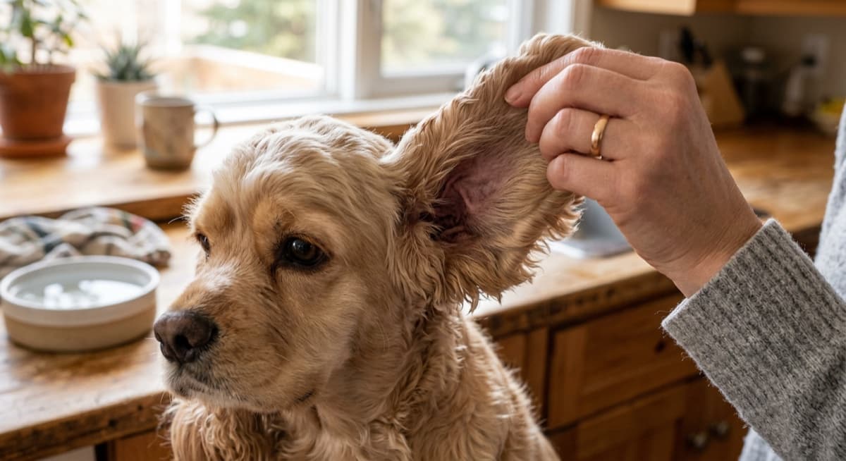 An owner gently lifting the long ear flap of a buff-coloured Cocker Spaniel to inspect the ear canal in soft natural light at home