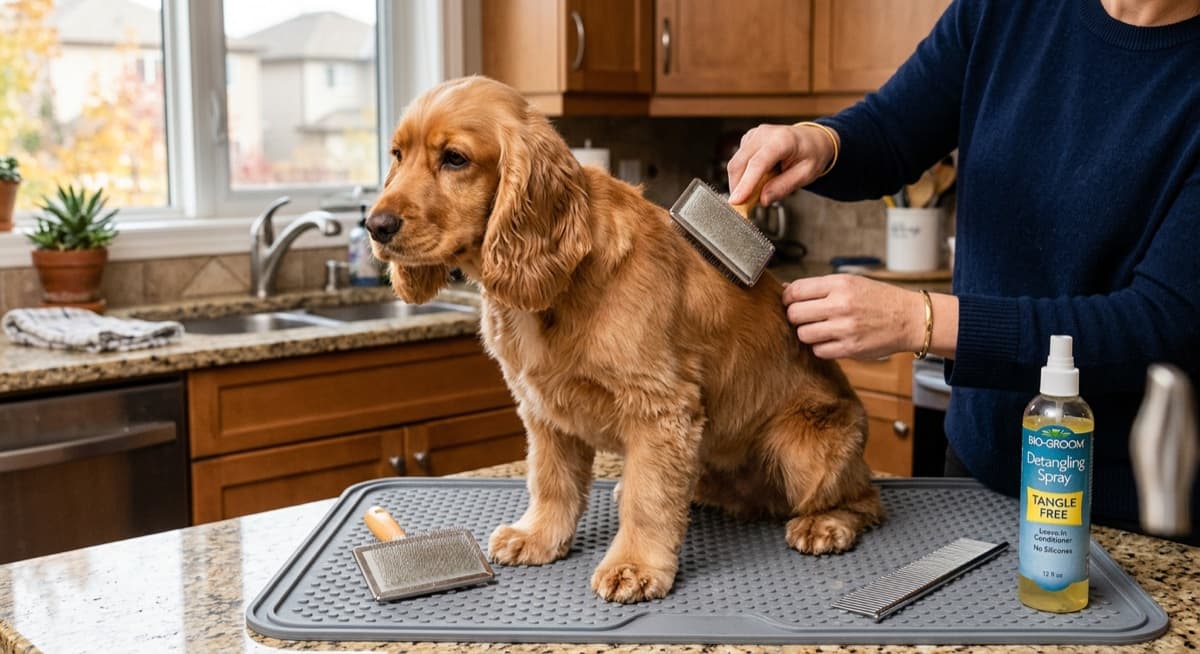 Calgary Cocker Spaniel with long silky ears and leg feathering being brushed by an owner at home, showing the daily grooming reality of the breed