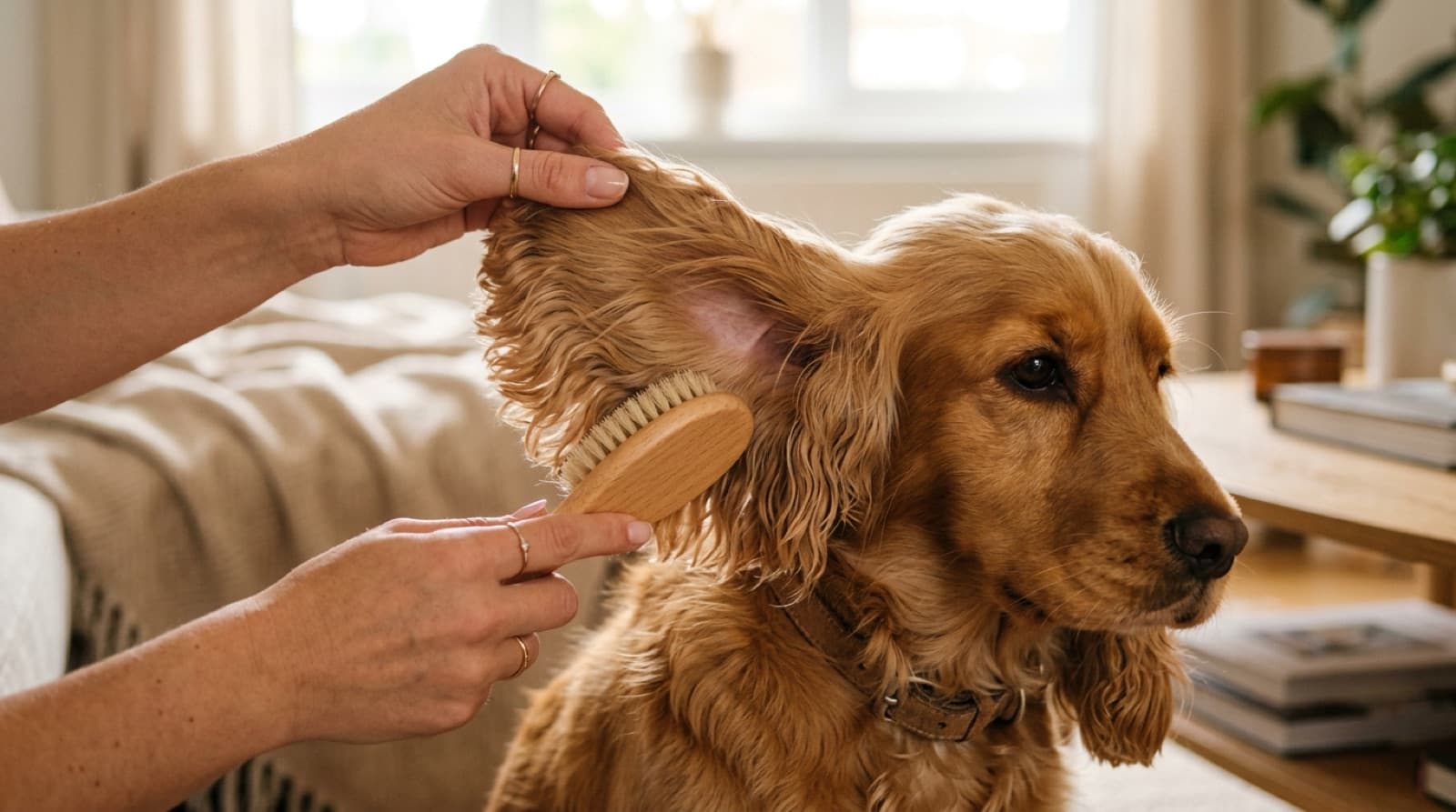 A Cocker Spaniel having its long ear feathering brushed and checked