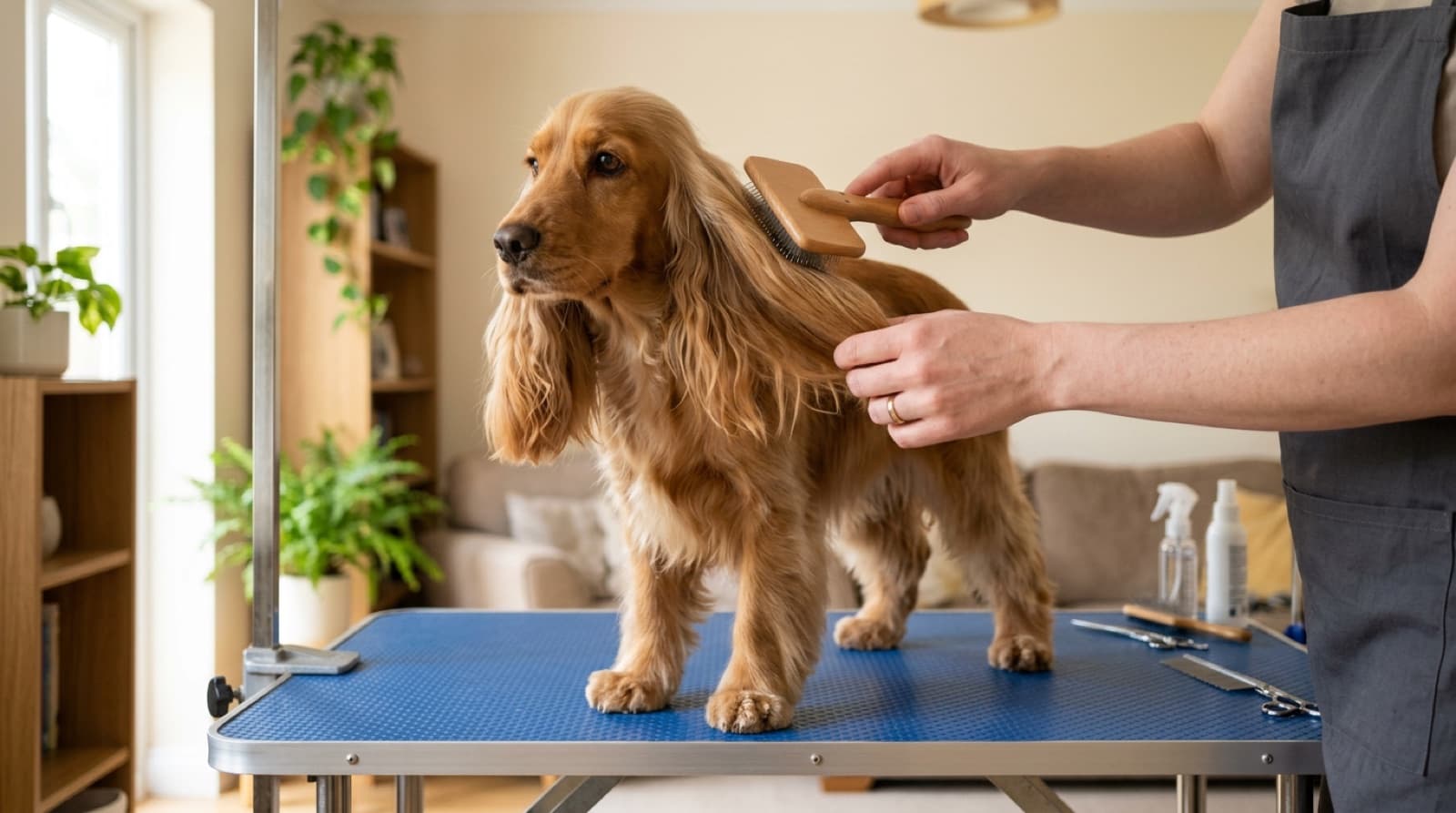 A Cocker Spaniel being groomed, showing the long ear feathering, in a bright home