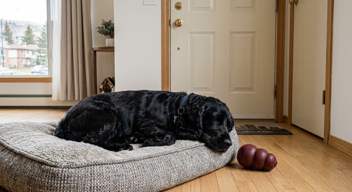 Calgary Cocker Spaniel sitting at the feet of an owner working from home, showing the breed's characteristic velcro bond