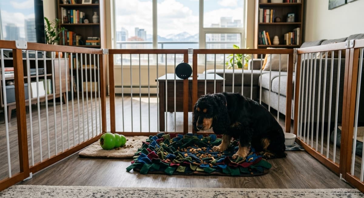Calgary Cocker Spaniel resting calmly with a lick mat in a covered pen, showing successful alone-time training in a condo setting