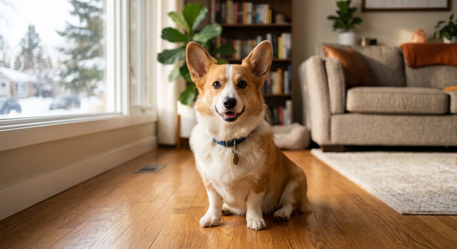 An adult Pembroke Welsh Corgi with classic red-and-white coat sitting on a couch in an Edmonton home interior, alert friendly expression with characteristic large ears