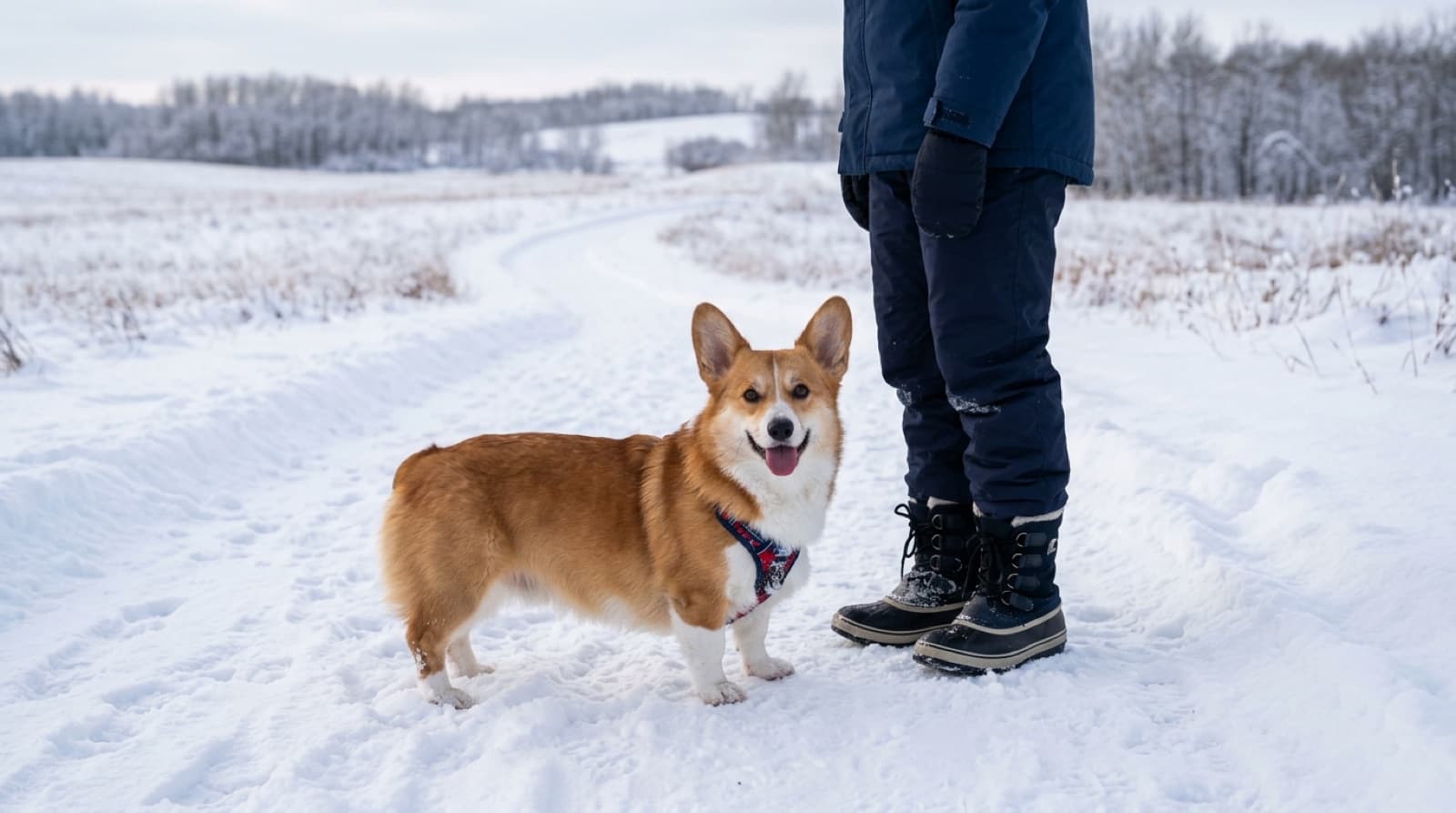 A Pembroke Welsh Corgi standing in the snow beside a person on a Winnipeg trail