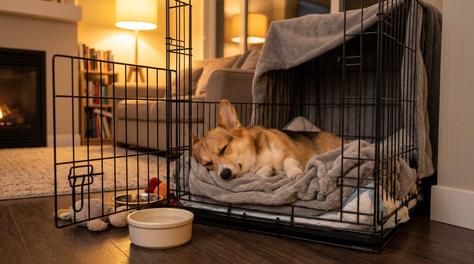 A Corgi resting calmly in a comfortable crate during recovery in an Edmonton home, illustrating the strict crate rest that conservative IVDD management requires