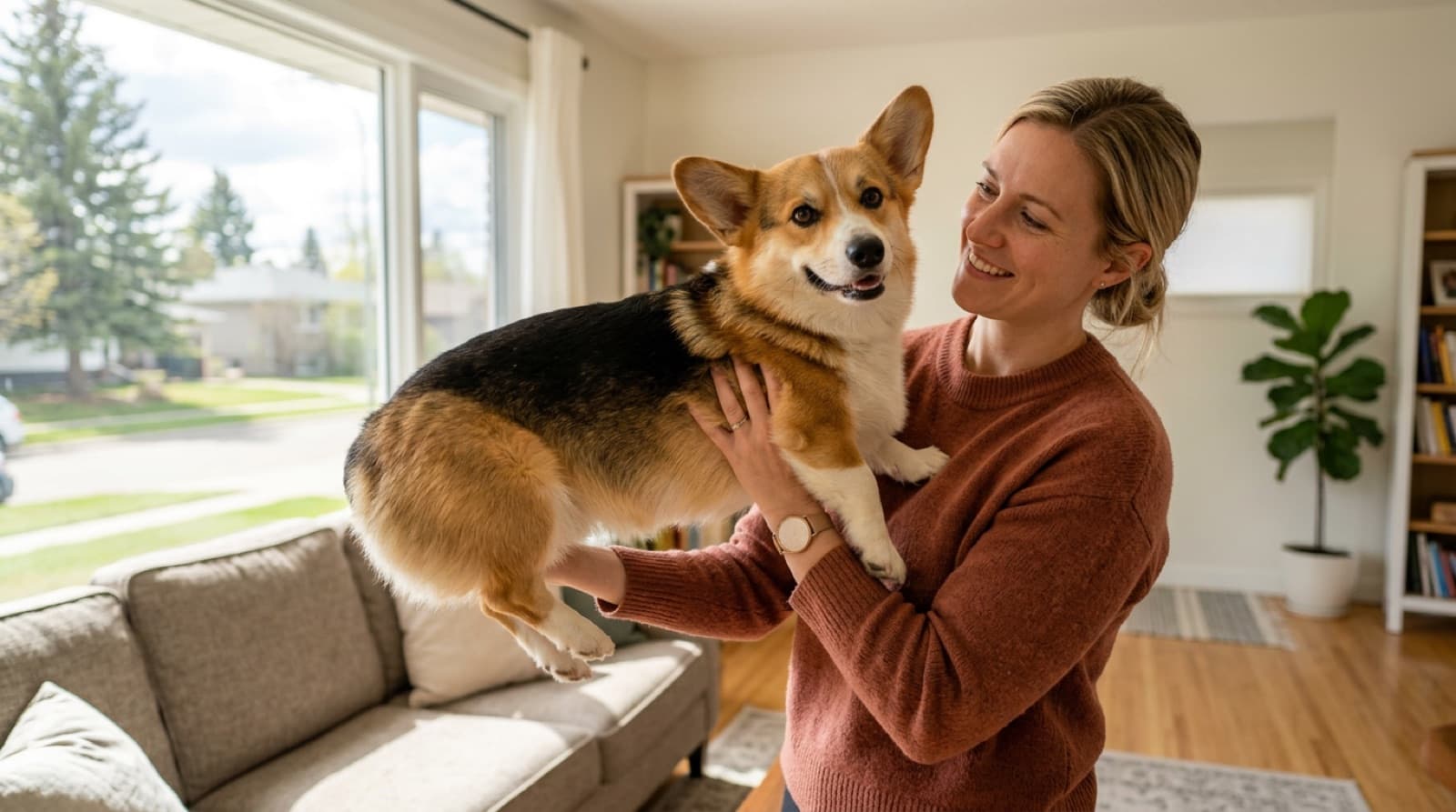 A Corgi lifted correctly with one hand under the chest and one under the hindquarters keeping the spine level, in a bright Edmonton home