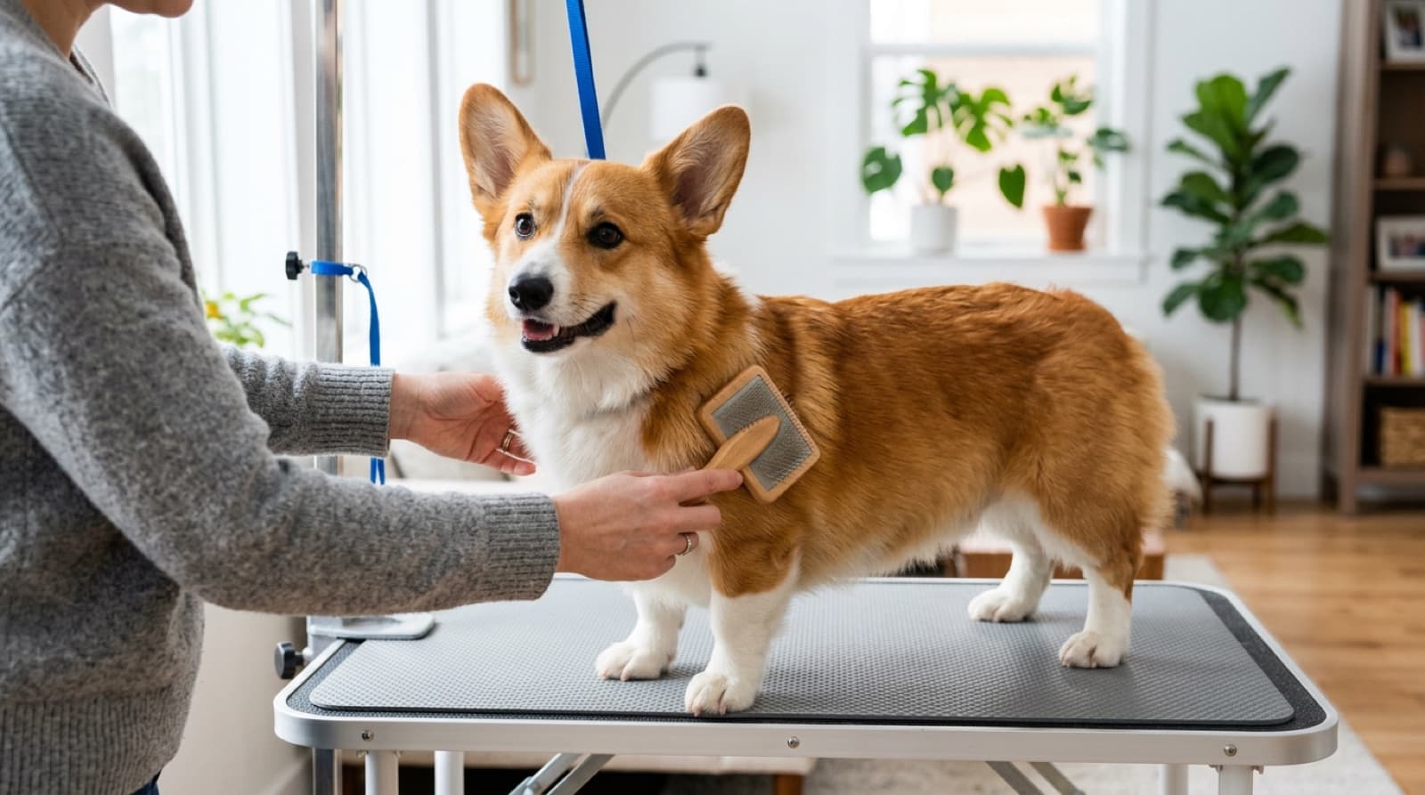 A Pembroke Welsh Corgi being brushed on a grooming table in a bright home