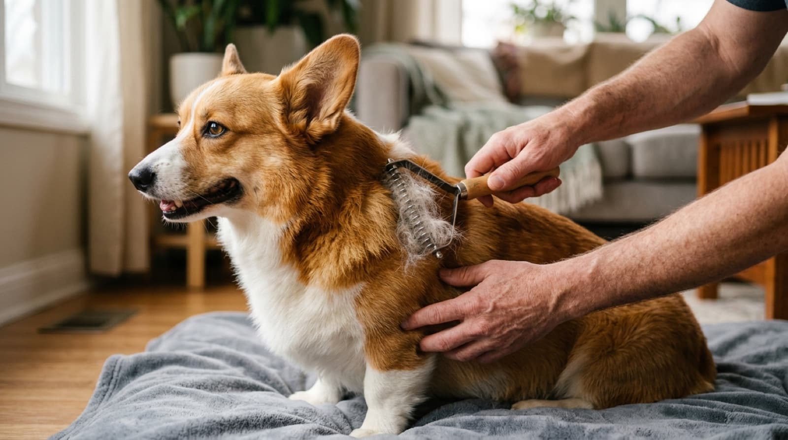 A Corgi being brushed with an undercoat rake, loose undercoat coming out