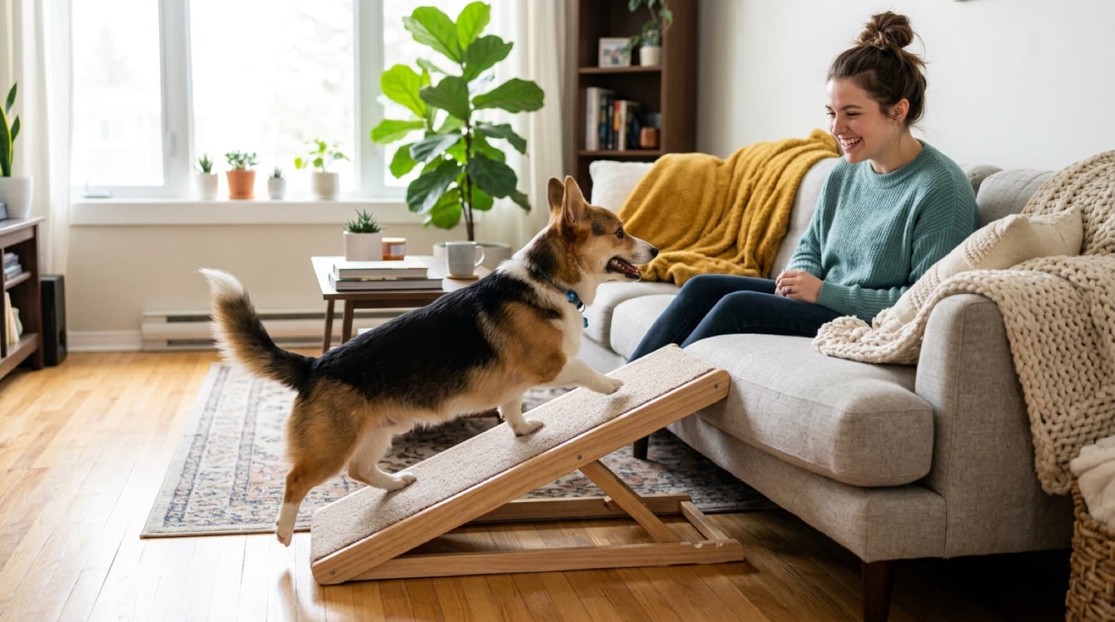 A lean, happy Corgi using a small pet ramp onto a couch in a bright Edmonton living room, illustrating everyday back protection for the breed
