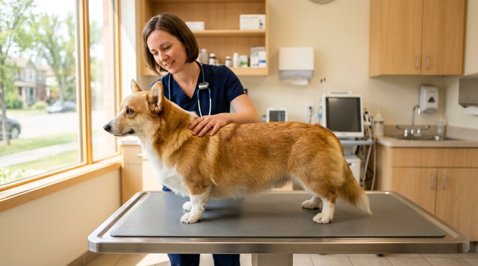 A Pembroke Welsh Corgi in profile showing its long back and short legs, calmly examined by a veterinarian at an Edmonton clinic