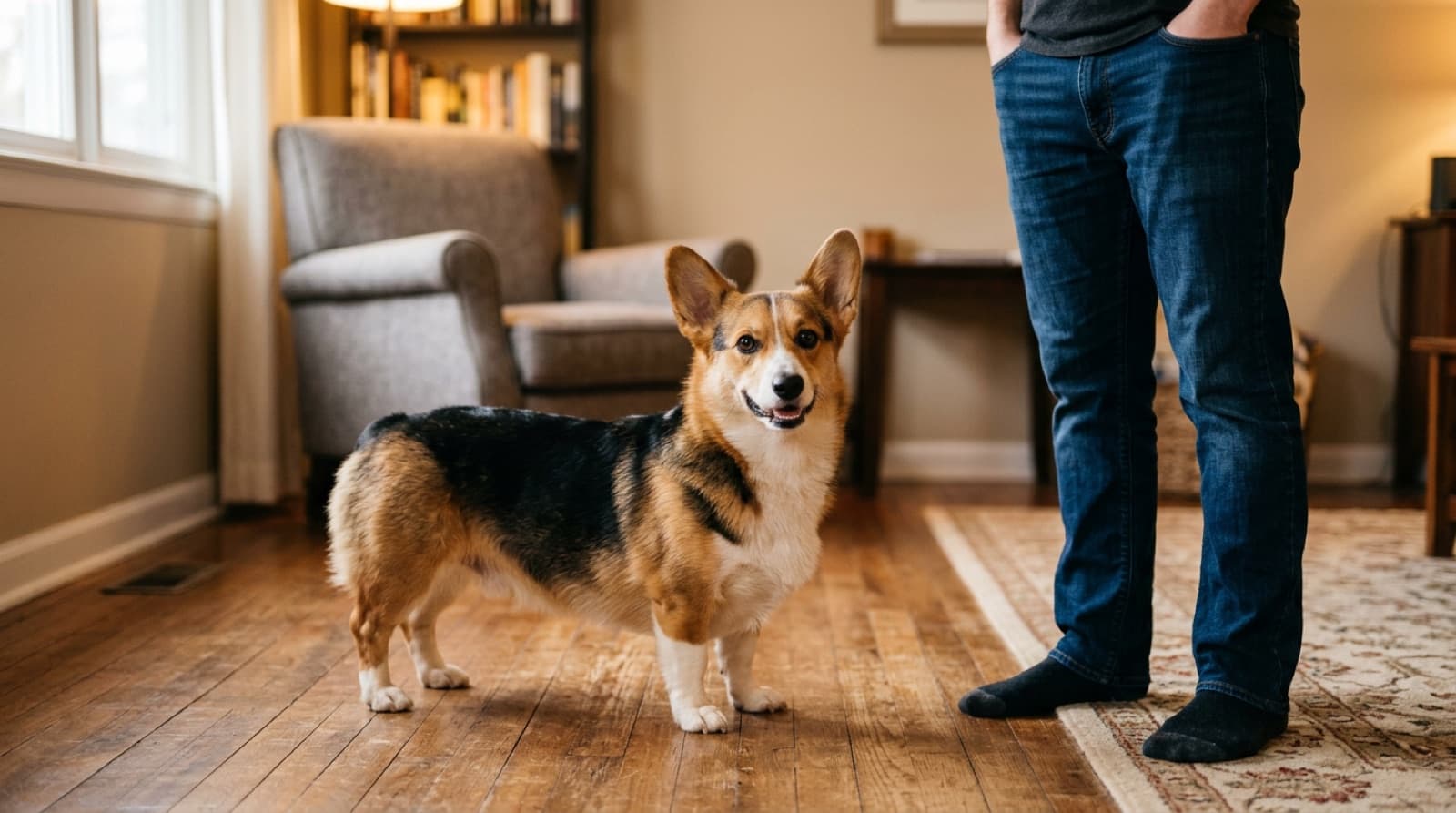 A lean, healthy Corgi standing beside a person at home in Saskatoon
