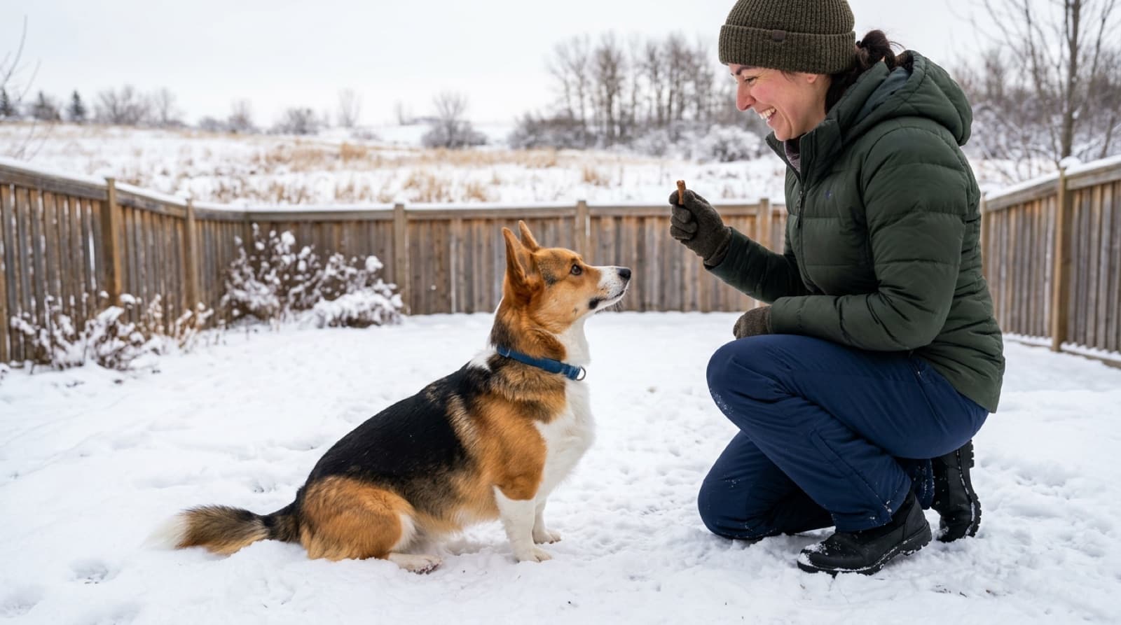 A Corgi doing a training exercise with a person in a fenced Saskatoon yard