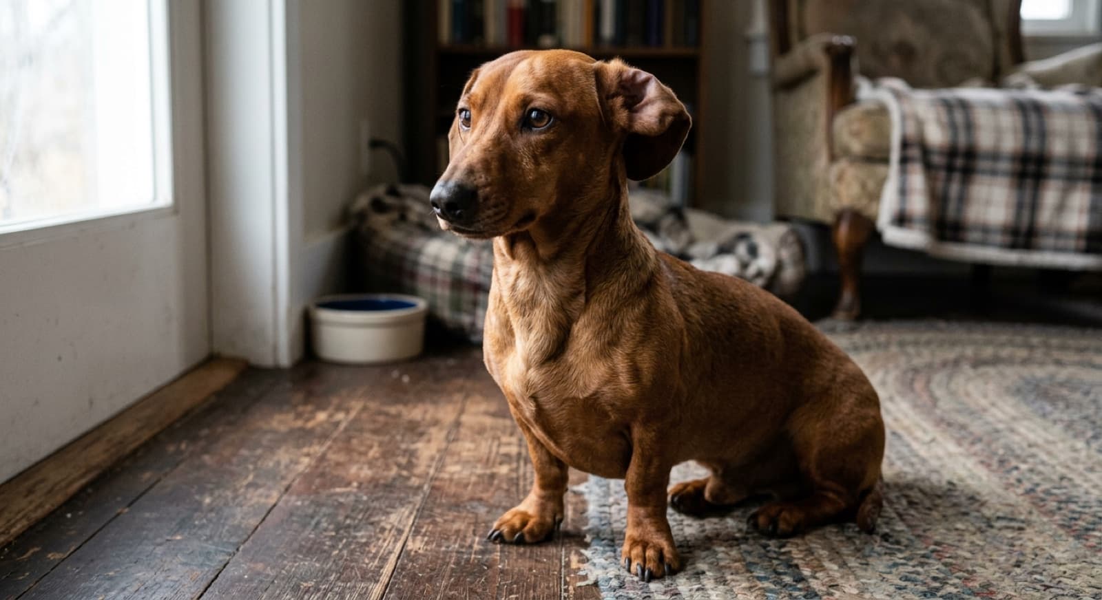 An adult smooth Dachshund standing on a Calgary sidewalk, showing the long-body short-leg build that defines the breed and drives its IVDD risk profile
