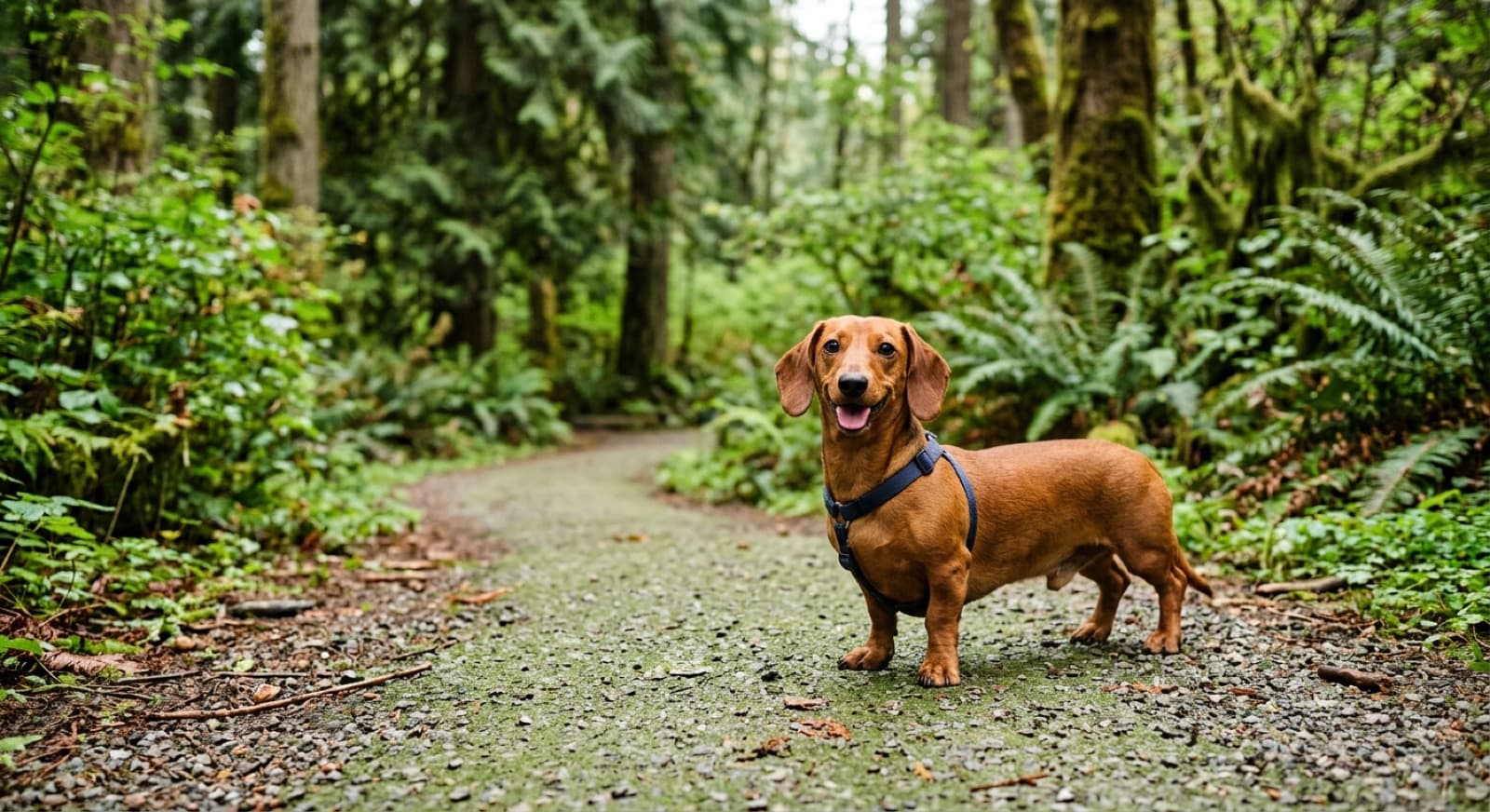 A smooth red Dachshund standing on a green West Coast park path near Vancouver
