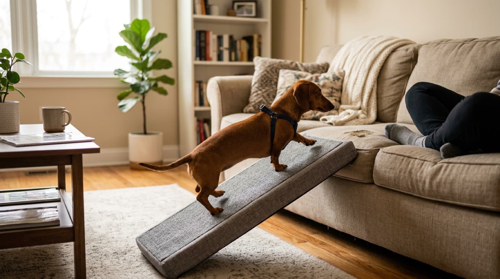 A Dachshund using a pet ramp up to a couch in a Saskatoon home