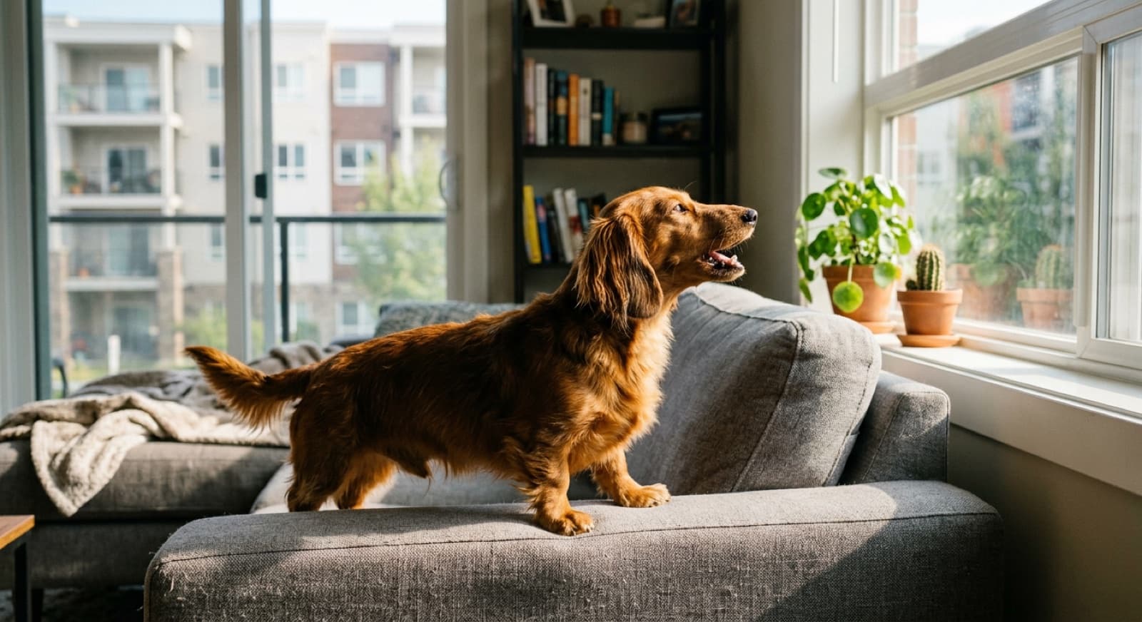 A red short-haired Dachshund standing alert on a Calgary living room rug with ears forward and mouth open mid-bark, showing the classic alert posture of the breed