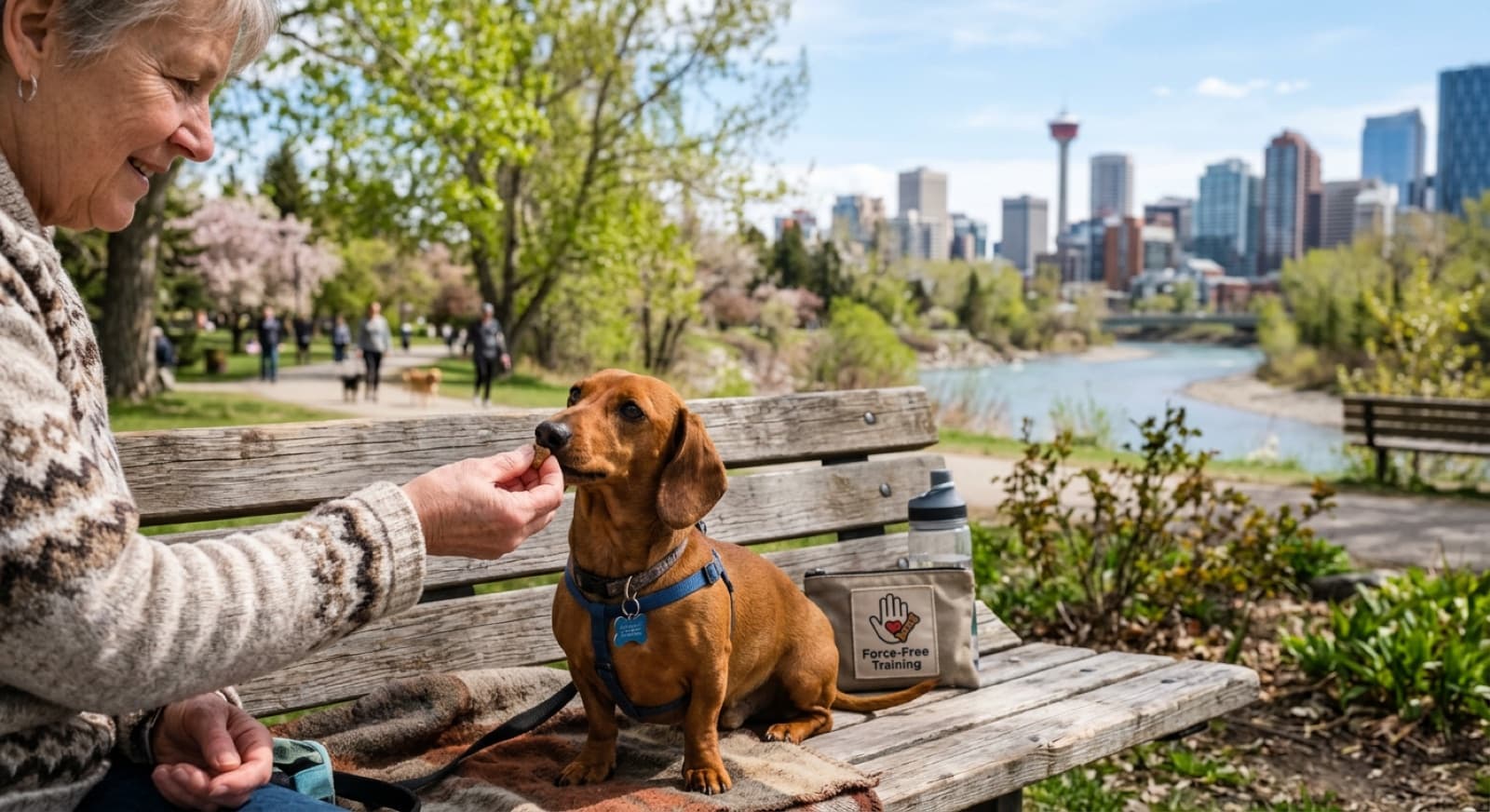 A Dachshund training session in a Calgary living room, with the dog calmly settled on a mat taking a treat from an open hand at floor level while a person stands near the front door, demonstrating place-cue counter-conditioning for alert barking