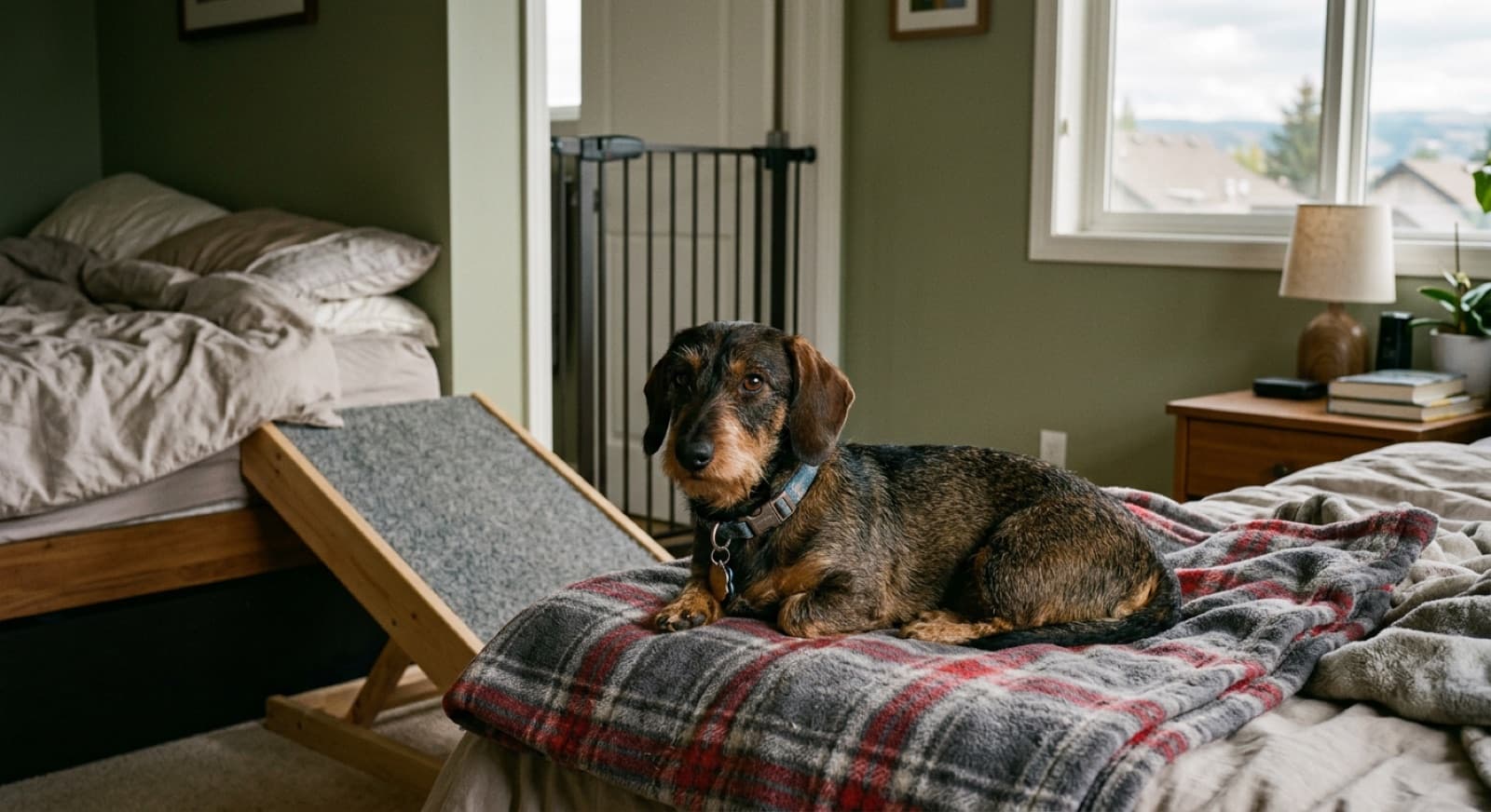 A rescue Dachshund resting on a low Calgary dog bed near a pet ramp during the first week of decompression