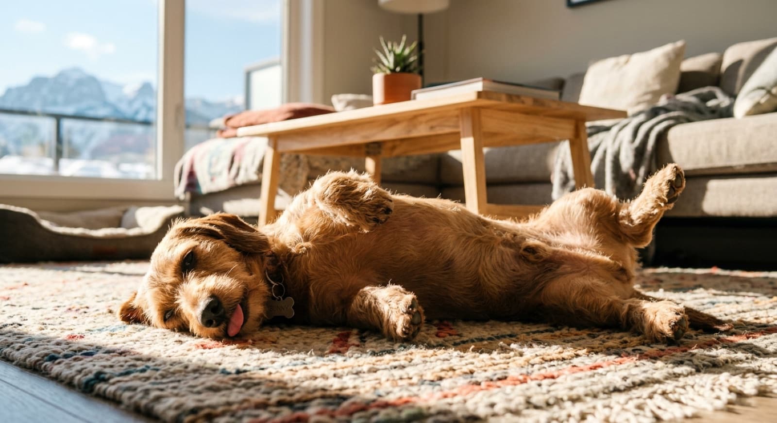 Rescue Dachshund settled into a Calgary home weeks after adoption, resting on a low floor-level dog bed