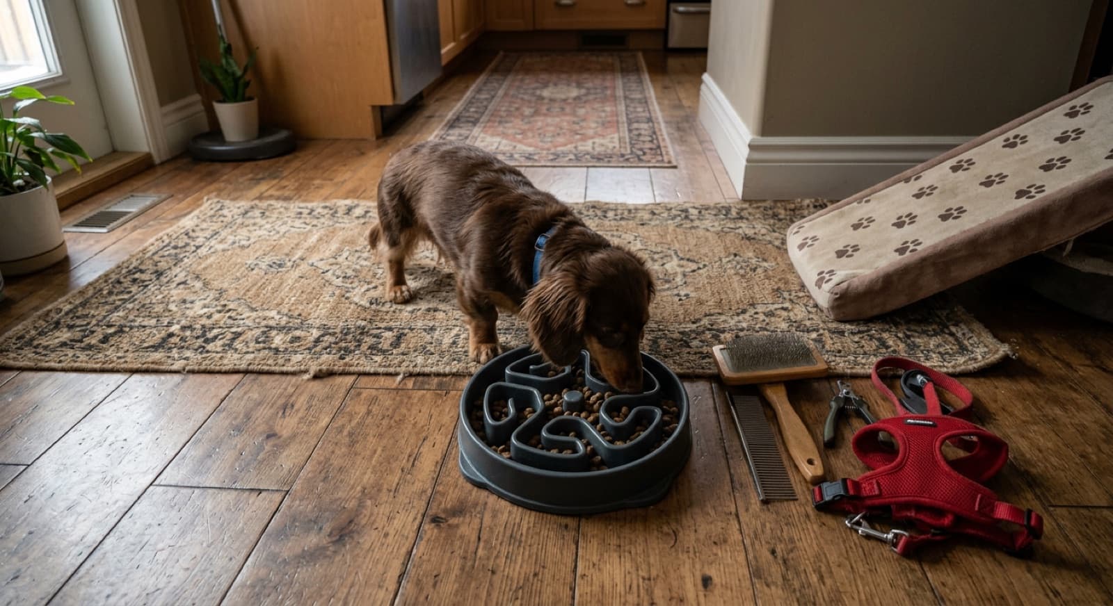 A Dachshund using a pet ramp to climb onto a couch in a Calgary living room, demonstrating IVDD prevention at home