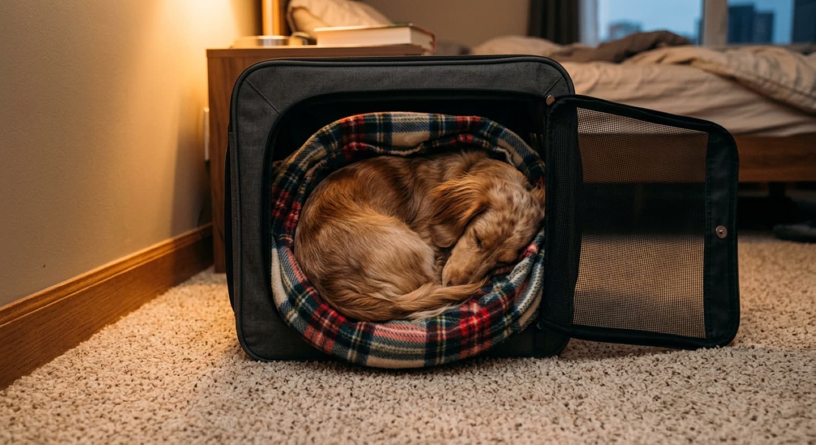 A Dachshund curled up sleeping in a covered wire crate with soft bedding inside a Calgary bedroom, showing the goal of a positive crate setup