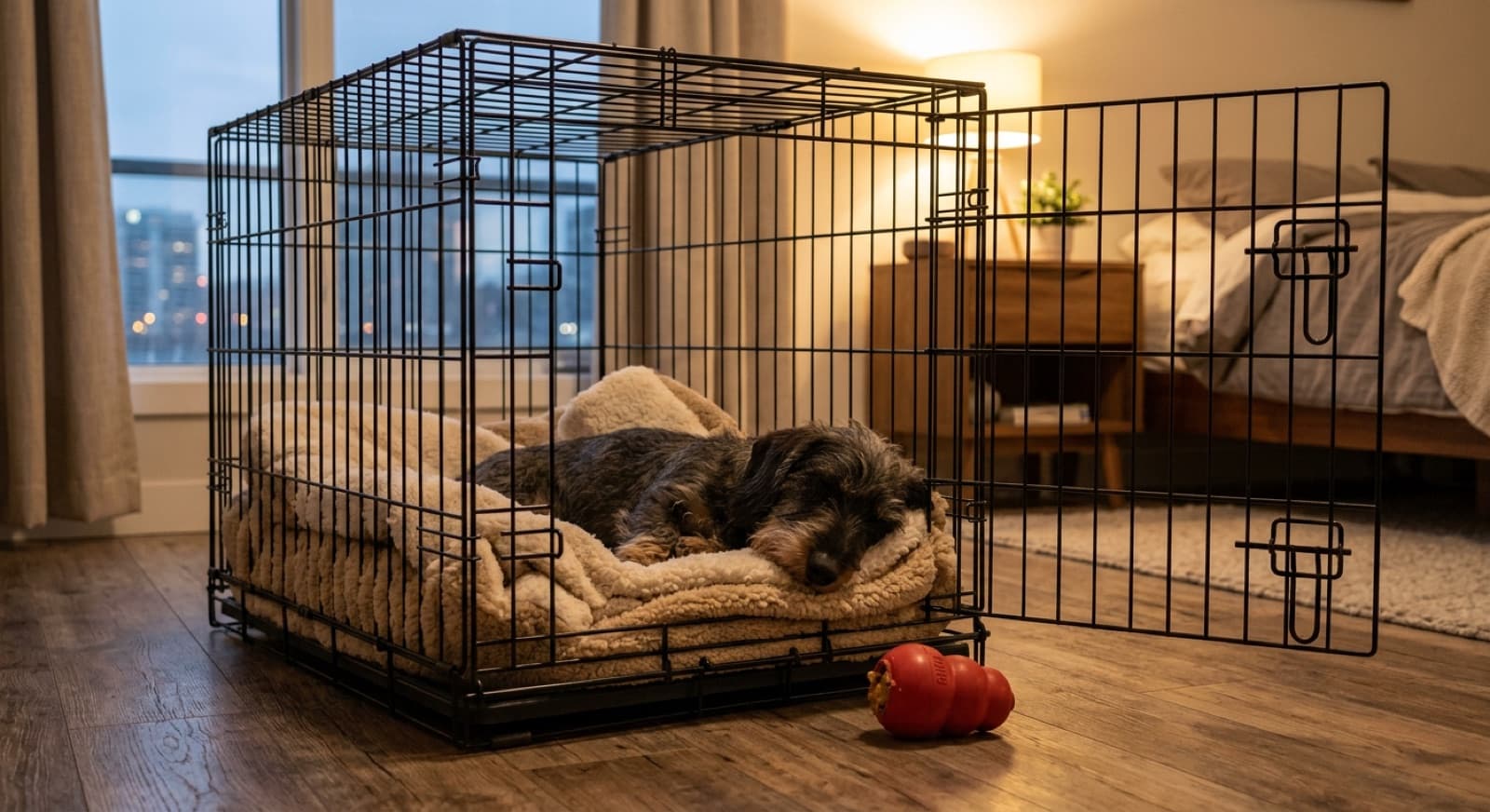 A standard Dachshund resting calmly inside an open wire crate in a Calgary living room, with soft bedding and a chew toy