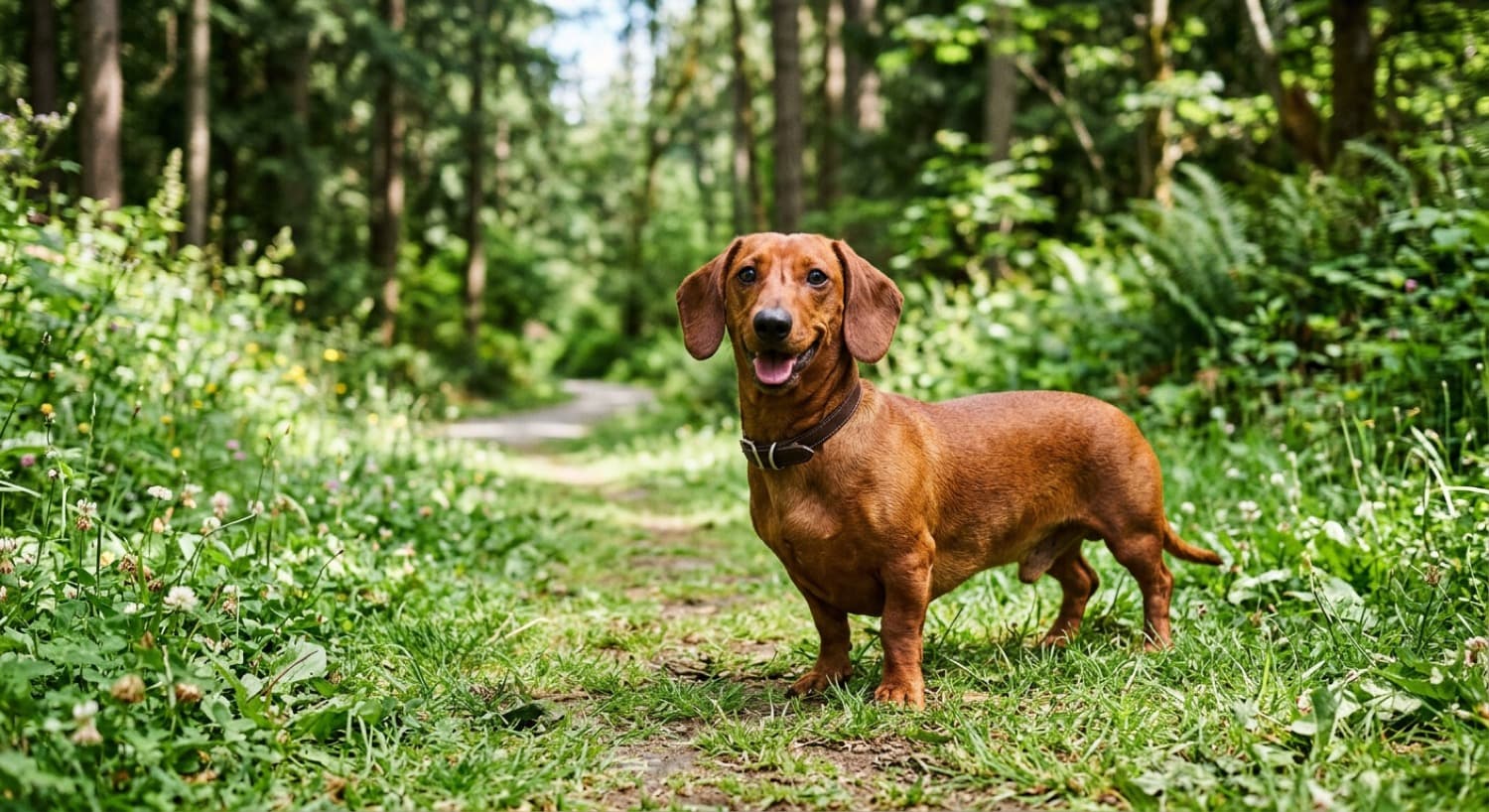 An alert, characterful Dachshund on a walk in a green Vancouver park