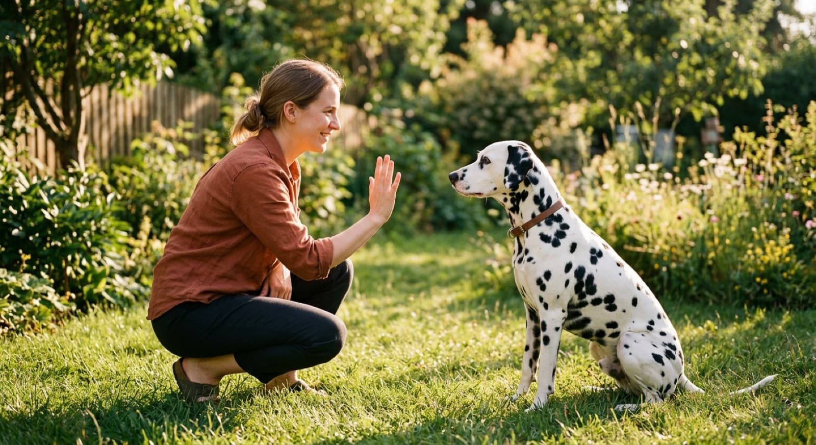 A person crouching in a grassy Calgary backyard giving an open-palm hand signal to an attentive spotted Dalmatian making eye contact
