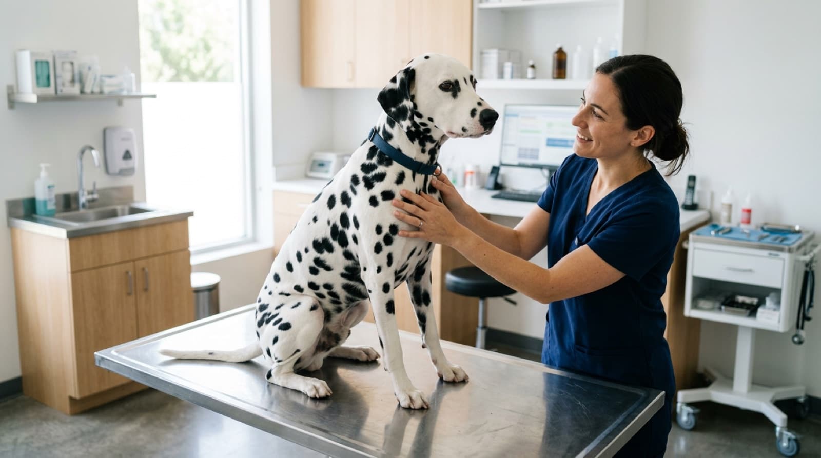 A Dalmatian being examined by a veterinarian in a Calgary clinic, calm on the exam table with its spotted coat visible
