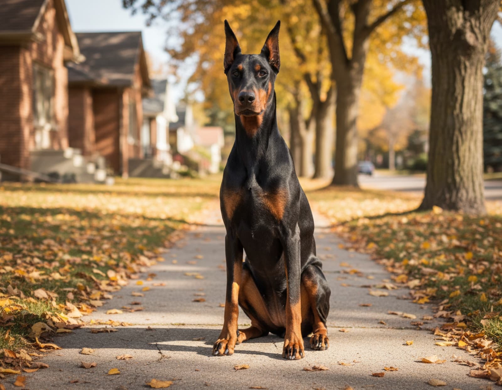 Adult black-and-rust Doberman sitting confidently on a Calgary autumn sidewalk surrounded by golden leaves, residential houses visible in the background