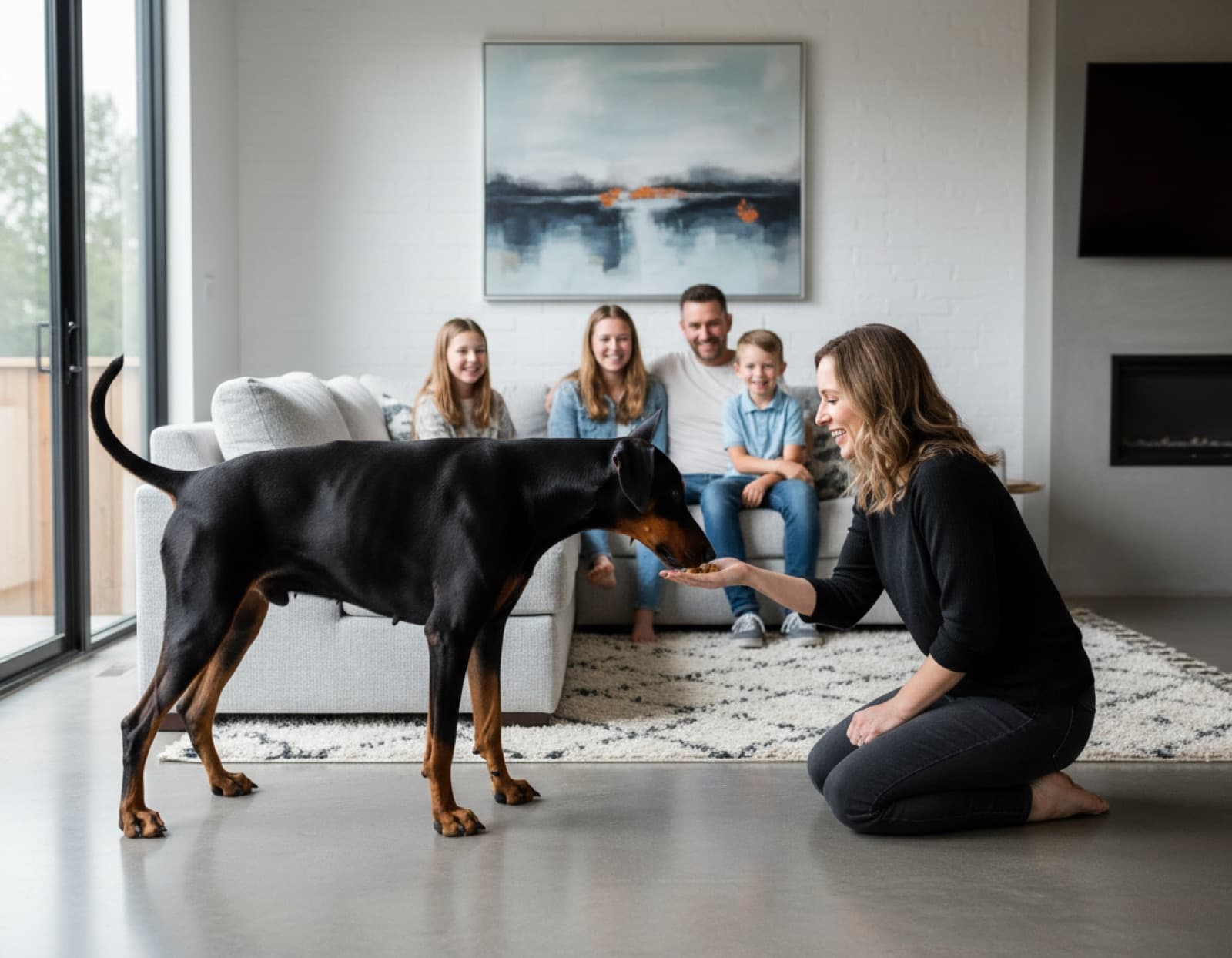Doberman meeting a Calgary family inside a modern living room, a woman kneeling and offering a treat while family members watch from the couch behind