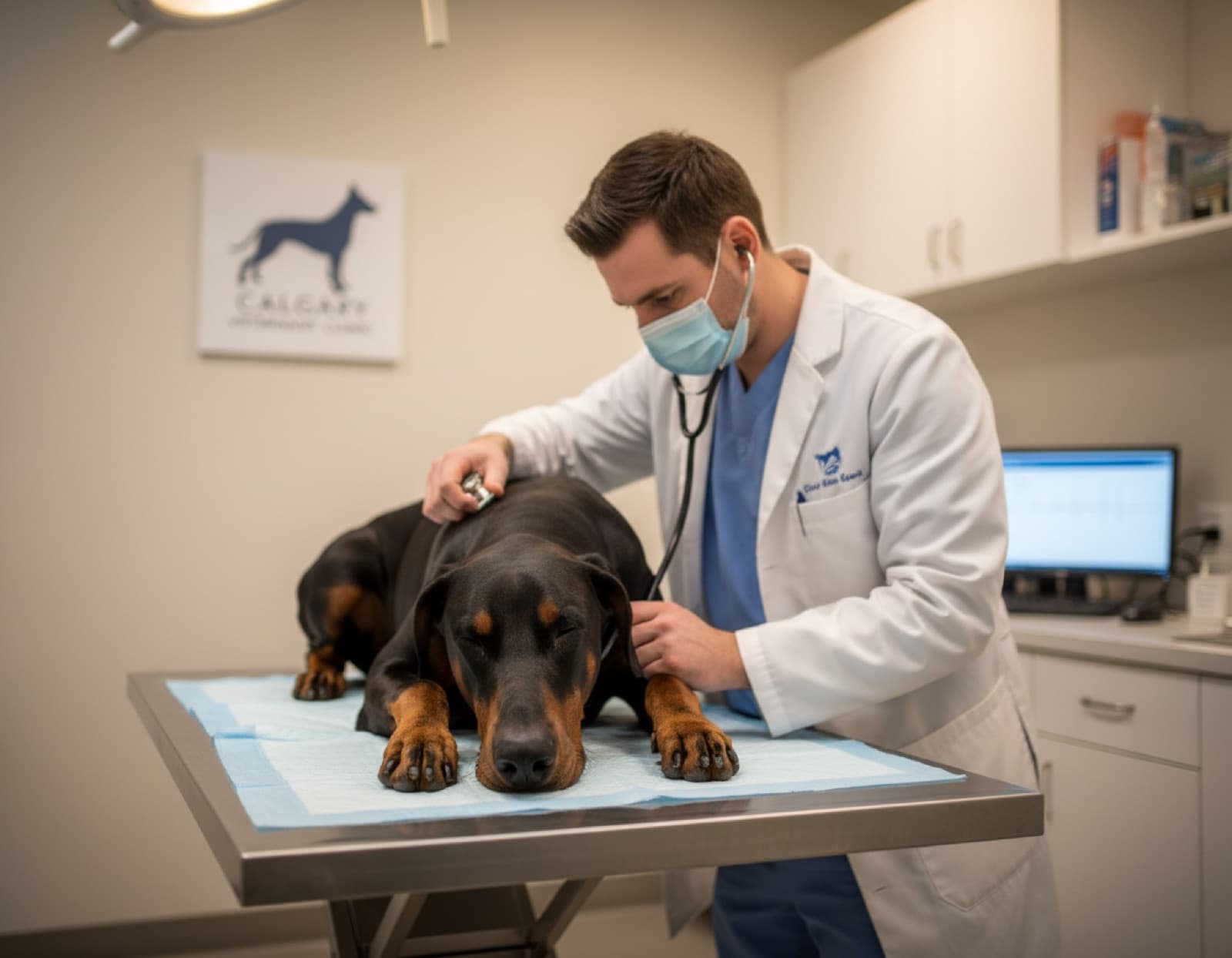 Doberman on a Calgary veterinary exam table being examined with a stethoscope by a vet in a white coat, positioned for cardiac auscultation