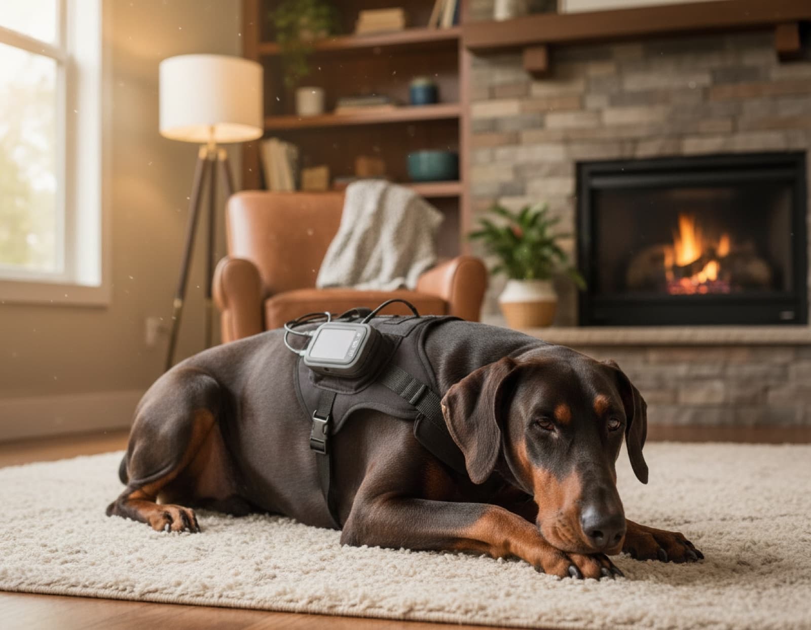 Doberman wearing a Holter monitor vest with chest-strap visible, resting calmly on a rug beside a fireplace at home during 24-hour cardiac monitoring