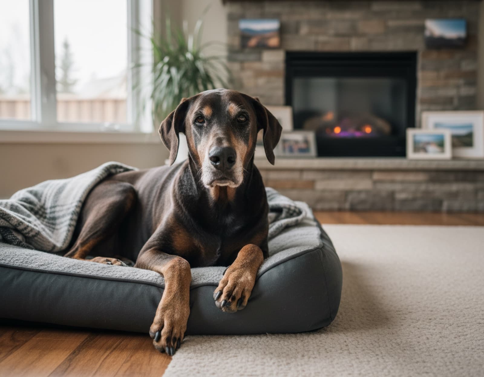 Senior Doberman with a greying muzzle resting peacefully on a grey dog bed in a calm Calgary living room with a fireplace in the background