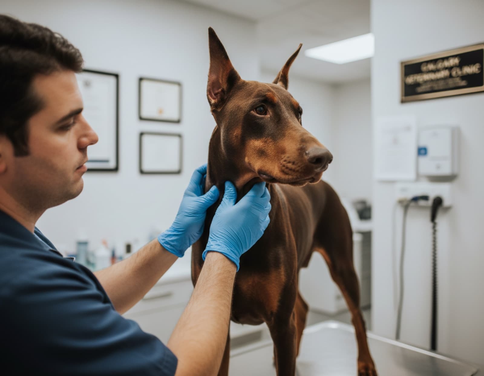 Doberman on a Calgary veterinary exam table while a masked vet in a white coat gently palpates the throat and lymph nodes with gloved hands