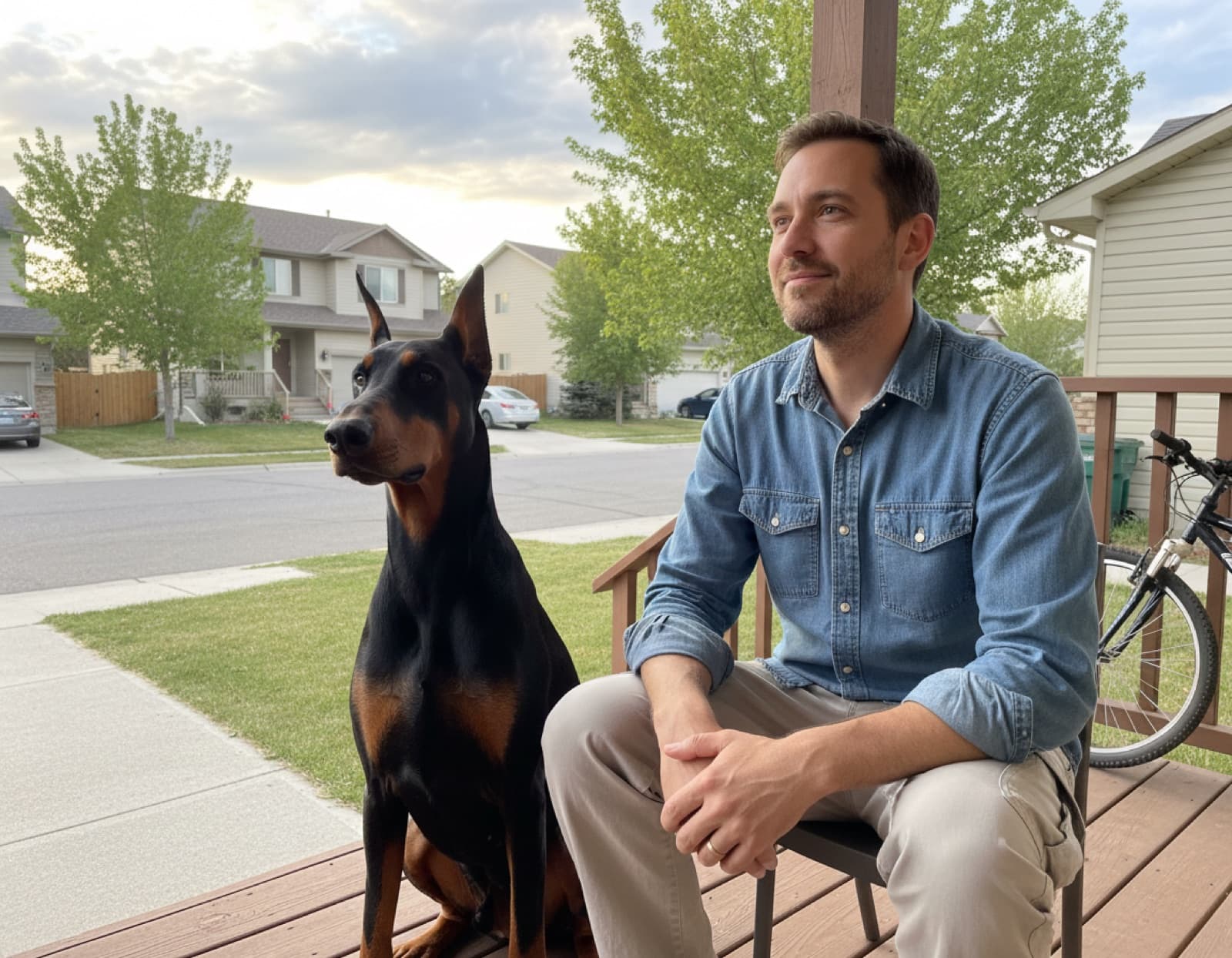 A black and rust Doberman Pinscher with natural ears resting calmly on a Calgary front porch, showing the breed's lean athletic build, short coat, and alert intelligent expression