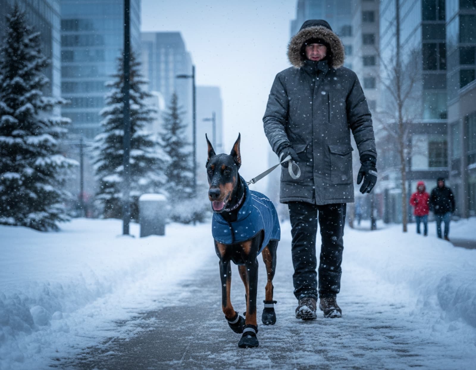 A Doberman in a fitted insulated winter coat walking alongside an adult handler on a snowy Calgary residential sidewalk, demonstrating cold-weather gear use for the breed's short single coat