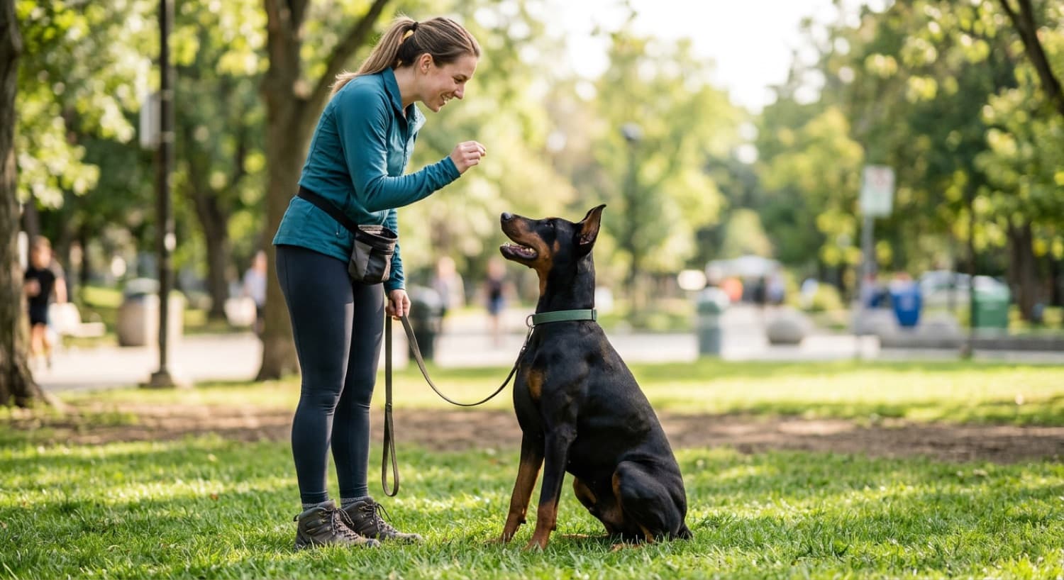 A Doberman working closely with its owner in an Ottawa park