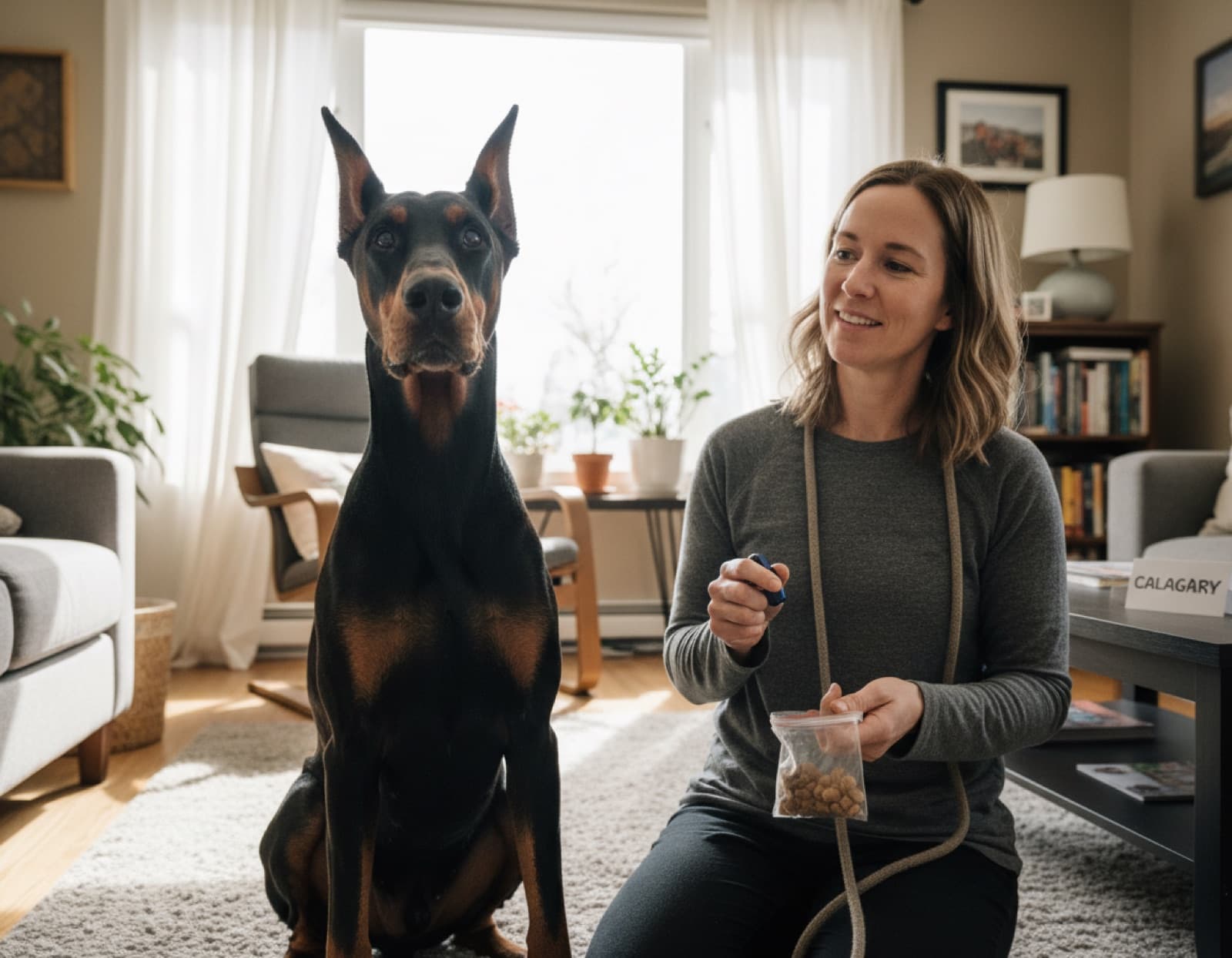 Calm adult Doberman sitting attentively beside a Calgary owner during a force-free training session, balanced posture, soft expression