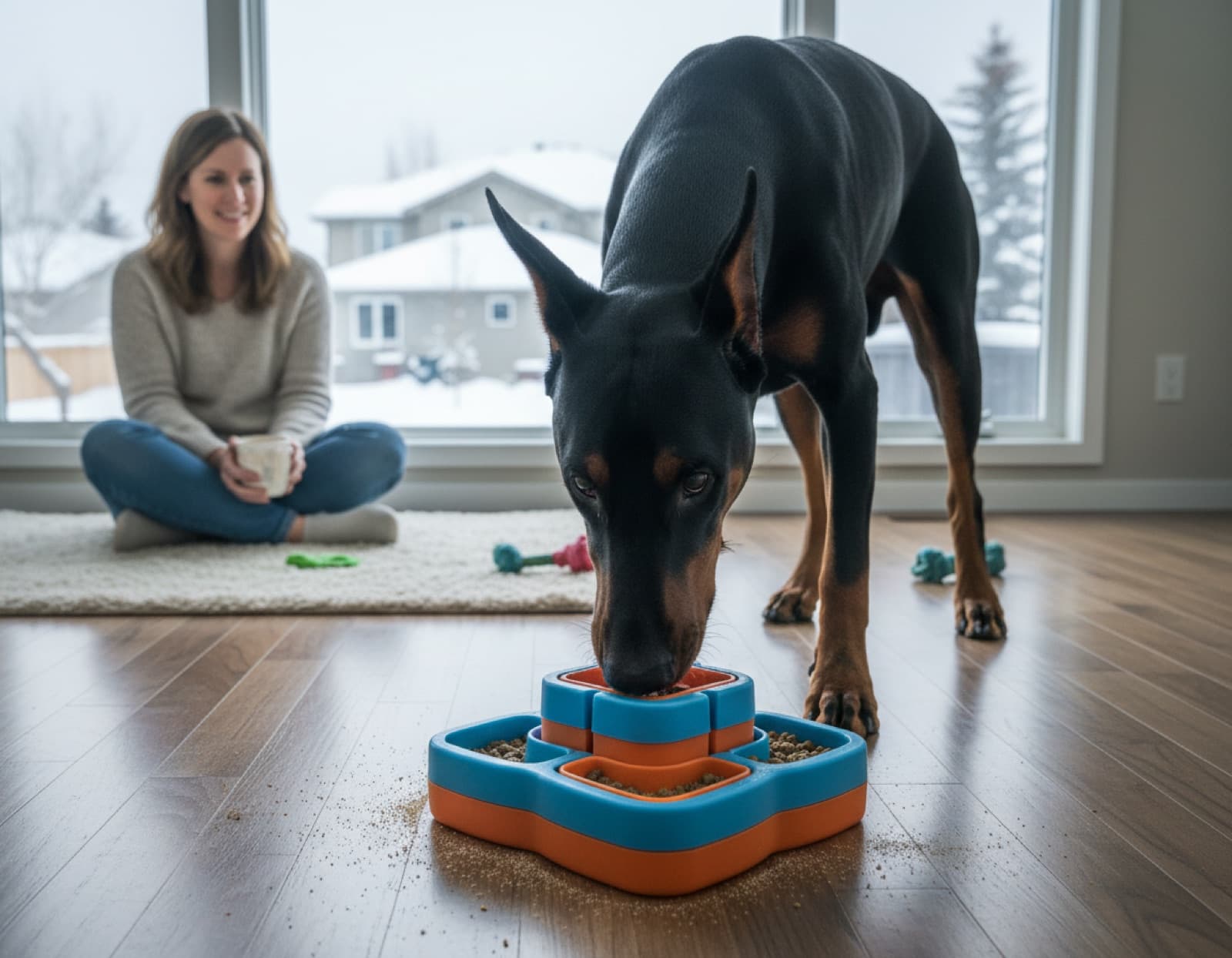 Doberman engaged in scent work indoors during a Calgary winter day, focused expression, working a food-puzzle setup with a calm owner