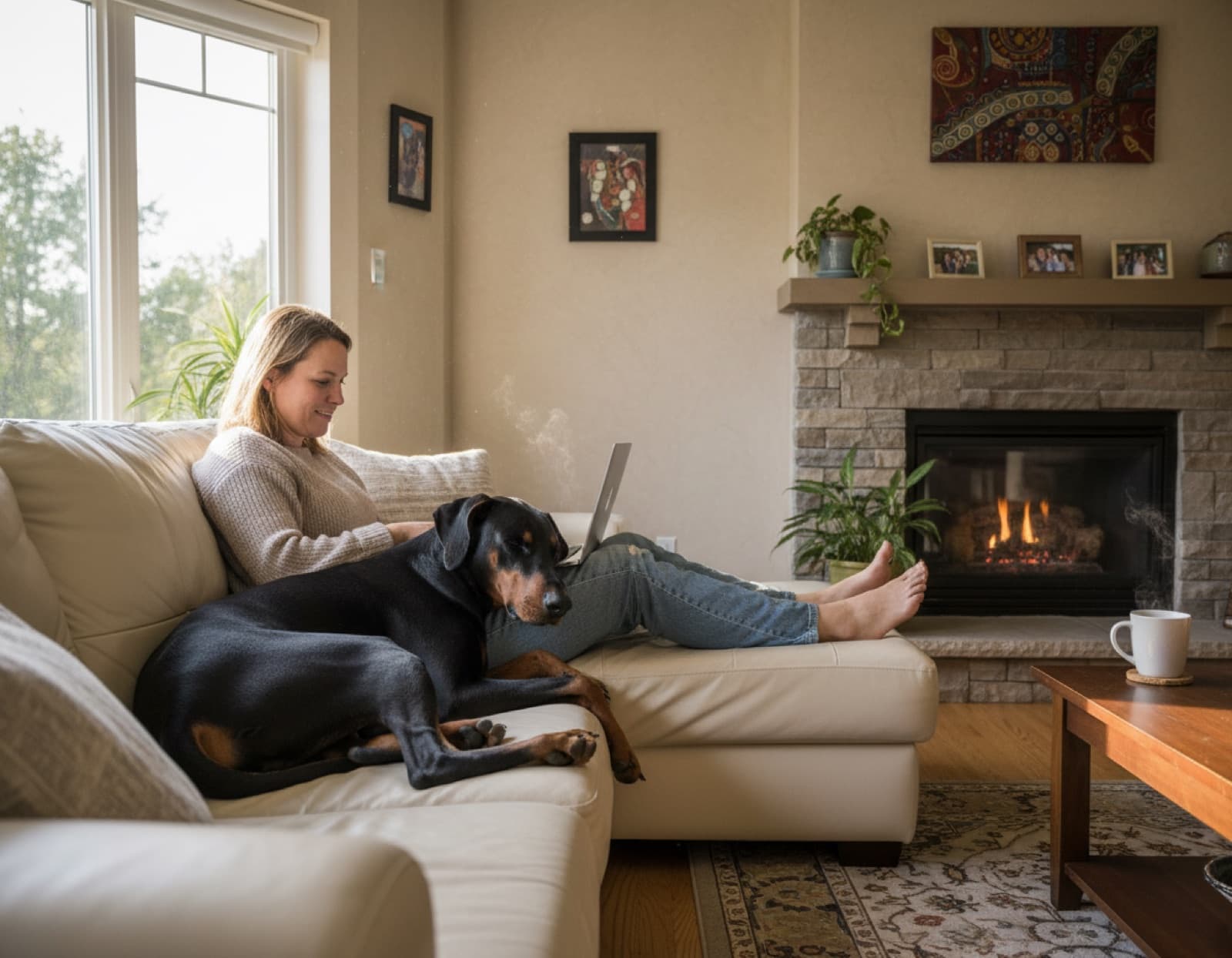 Doberman pressed close to its owner on a Calgary living room couch, resting its head on the owner's lap while the owner works on a laptop with a fireplace behind