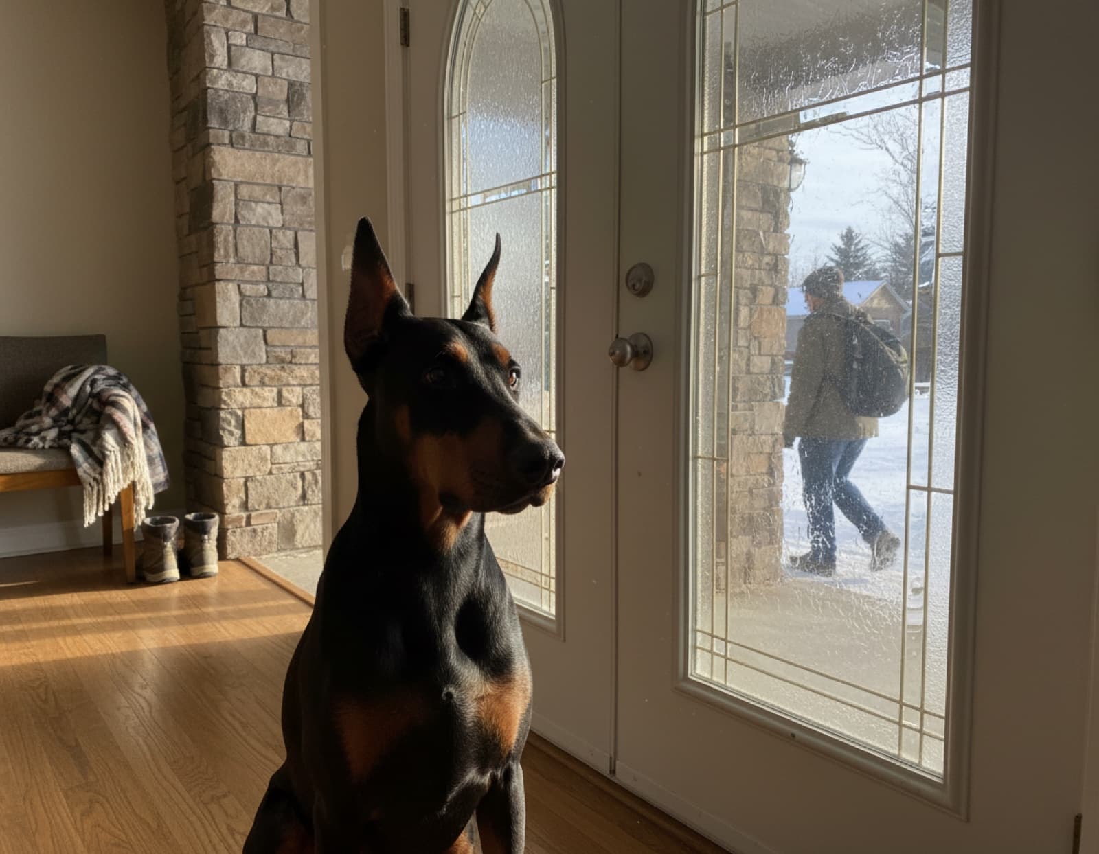 Doberman sitting indoors by the front door looking out a window at its owner leaving for work, wistful expression on its face
