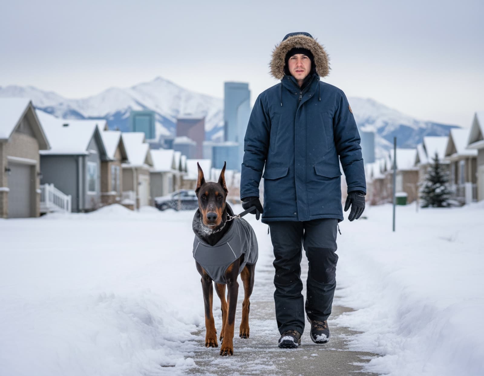 Doberman wearing a fitted blue winter coat and booties walking on a snowy Calgary path with the Rocky Mountains visible in the distance, owner in a parka holding the leash