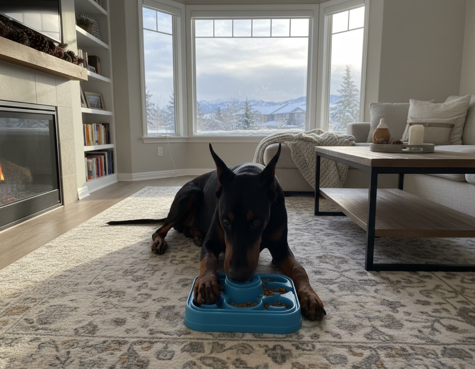 Doberman engaged with a slow feeder bowl on a rug indoors, a fireplace lit nearby and snow visible through the window in a Calgary winter scene